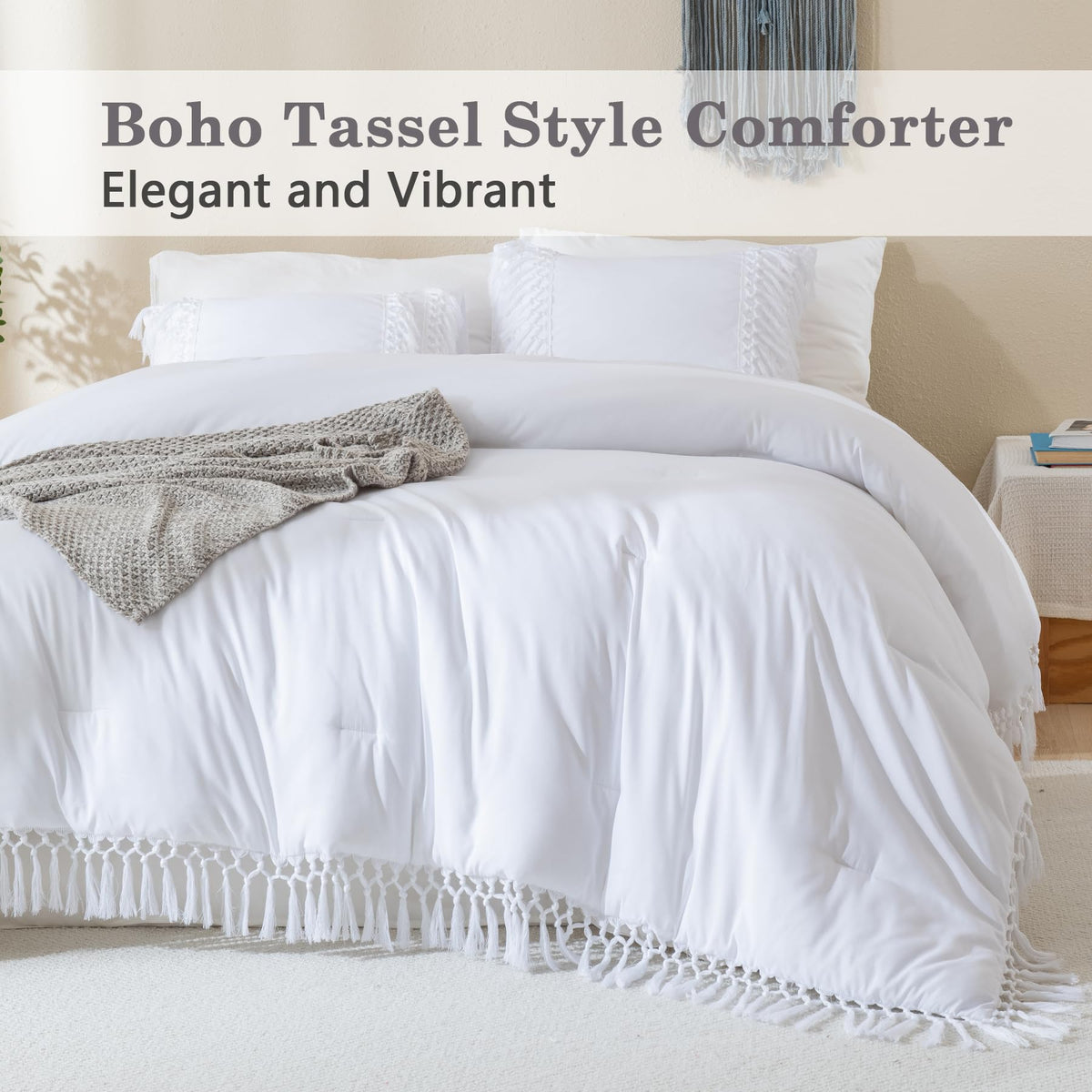 Andency White Full Size Comforter Set, 3 Pieces Boho Tassel Lightweight Soft Bedding Comforter Sets, All Season Fluffy Fringe Bed Set (79X90In Comforter & 2 Pillowcases)