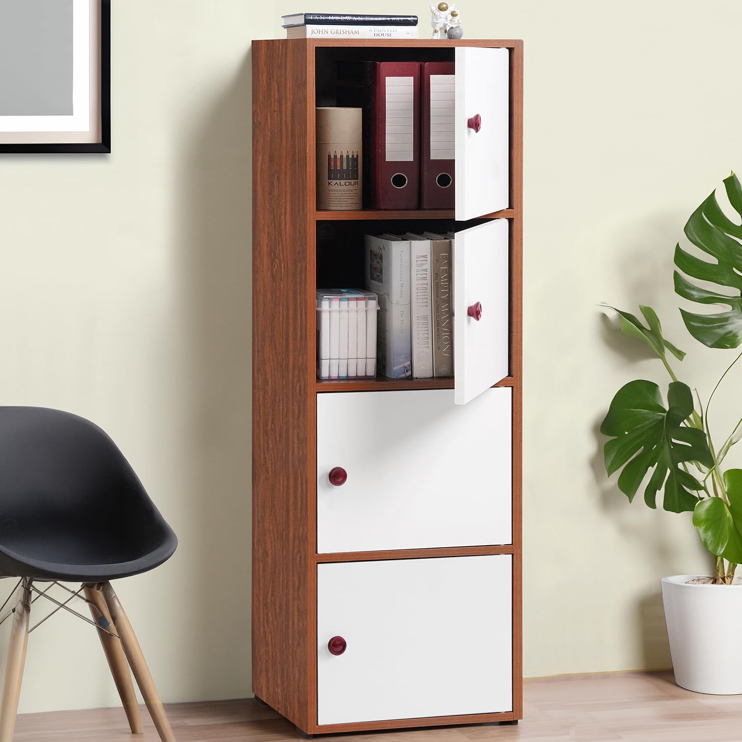 About Space Wooden Cabinet  4 Tier Storage Cabinet For Living Room With Magnetic Door, Space Saving Book Self For Home, Enginee