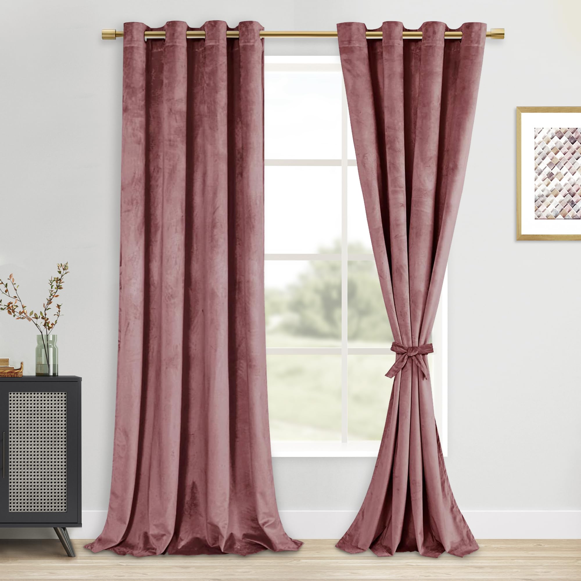 DWCN Velvet Blackout Curtains - Wild Rose Tieable Window Curtains Panels Grommet Design Thick Fabric Thermal Insulated Window Dr