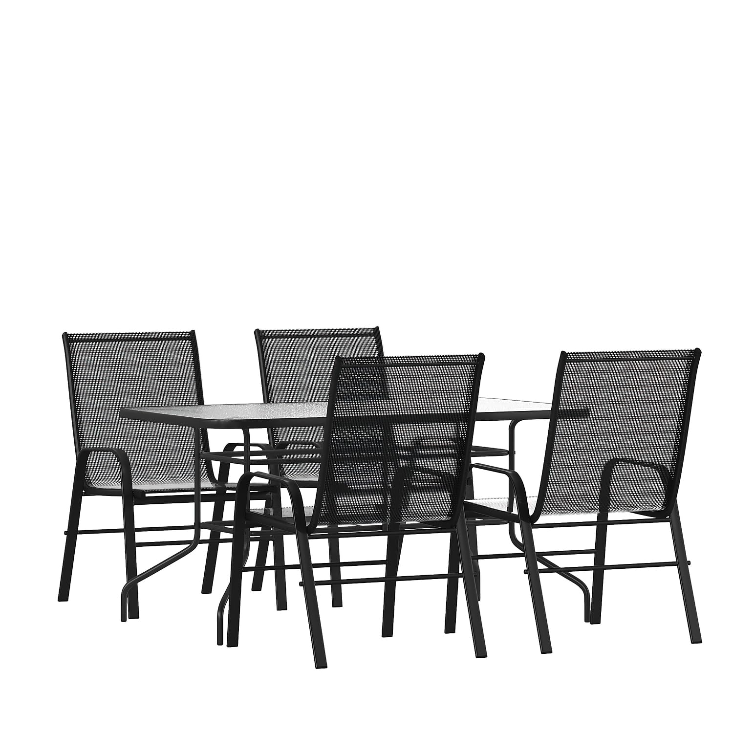 Flash Furniture Brazos 5 Piece Outdoor Patio Dining Set - 4 Black Flex Comfort Stack Chairs - 55 Tempered Glass Patio Table with