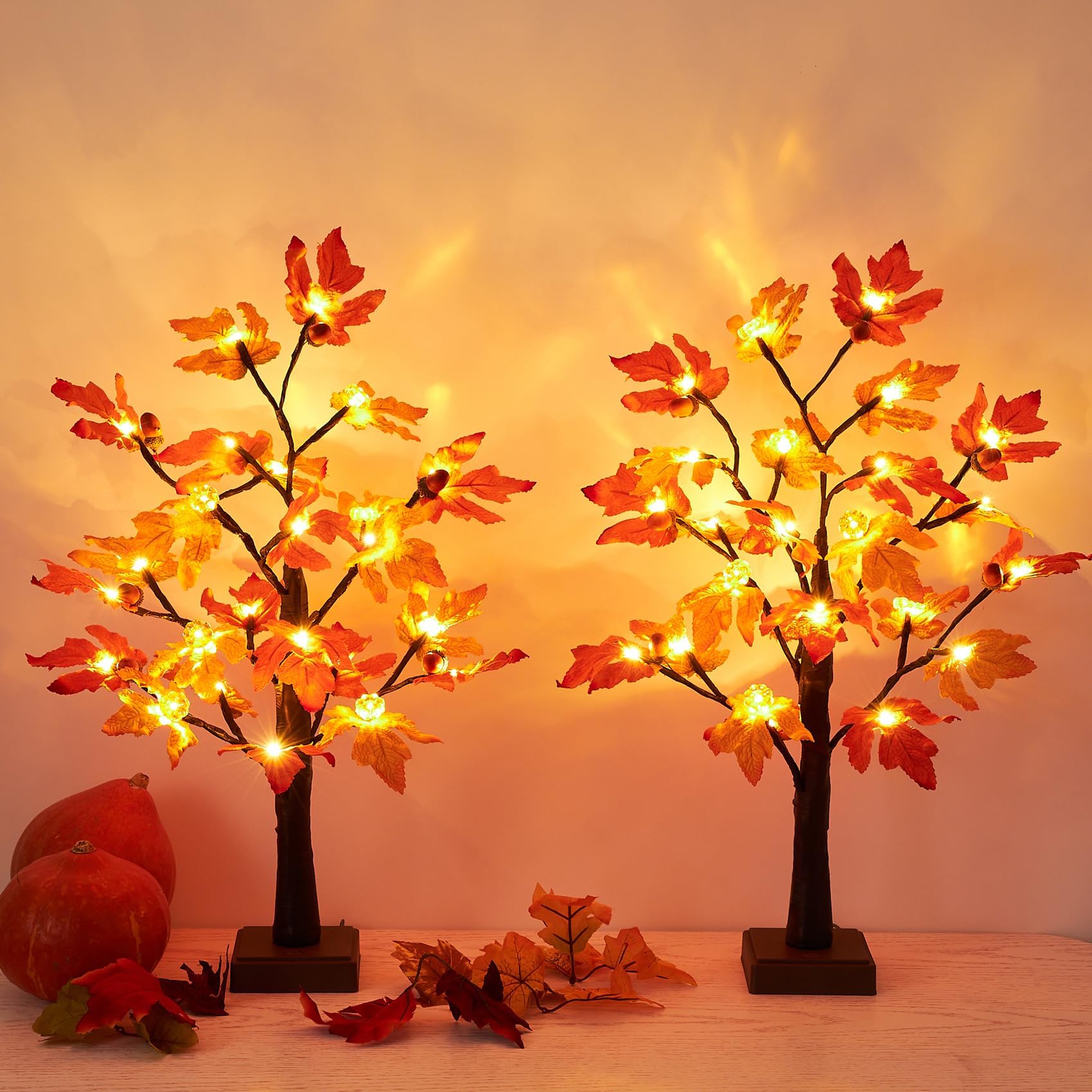 [ 2 Pack & Timer ] Beterzack 24 Inch Artificial Fall Lighted Maple Tree Decor, Total 48 Led Battery/Usb Operated Pumpkins Acorns