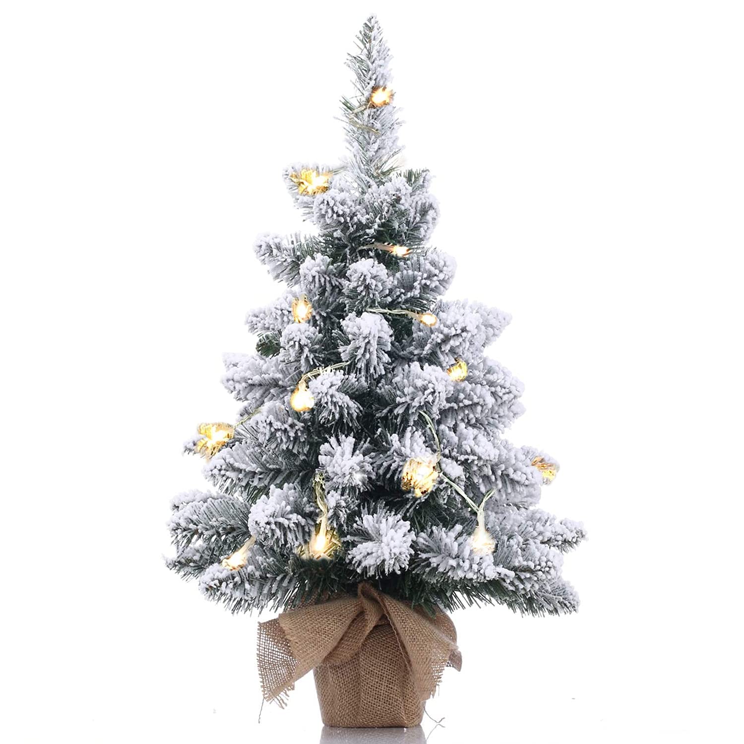 Pre-Lit Artificial Mini Christmas Tree,20 Inch Snow Flocked Artificial Pine Xmas Tree with 40 LED Lights,70 Branch Tips,Desktop 