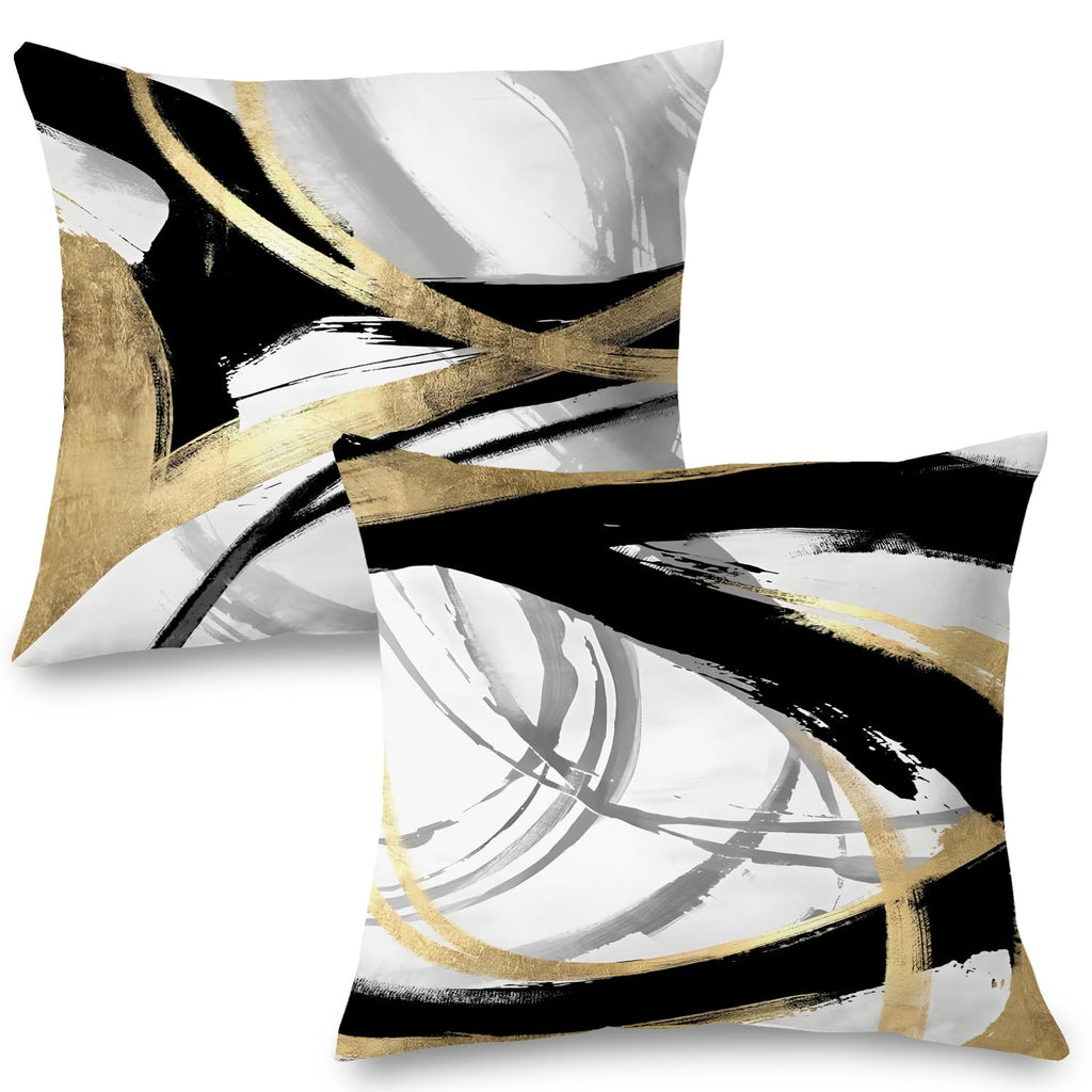 Supwhd Black White And Gold Pillow Covers, Abstract Black And Gold Pillow Covers 20X20 Set Of 2, Modern Boho Home Decor, Black A