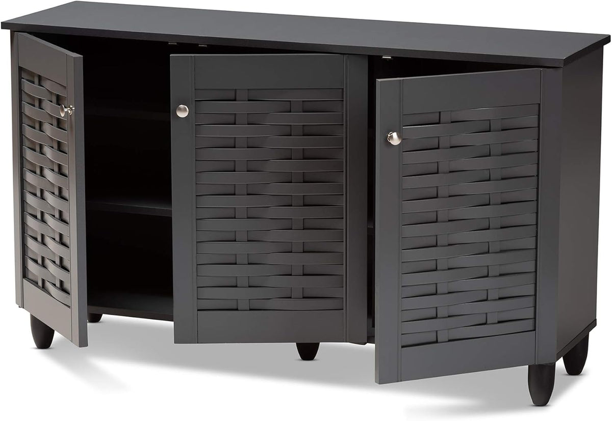 Click to see full view      5+  VIDEO Baxton Studio Wadia Modern and Contemporary Dark Gray 3-Door Wooden Entryway Shoe Storage Cabinet