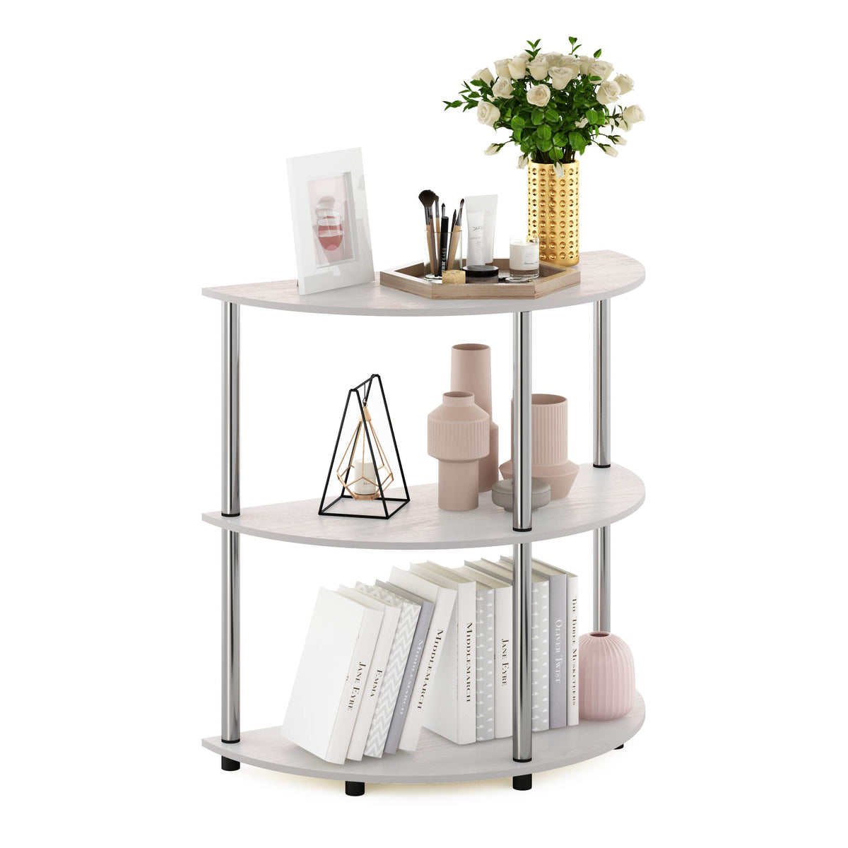 Furinno Frans Turnn Half Round Console Table With Stainless Steel Tubes, White Oak, 15.6D X 31.1W X 30.8H In