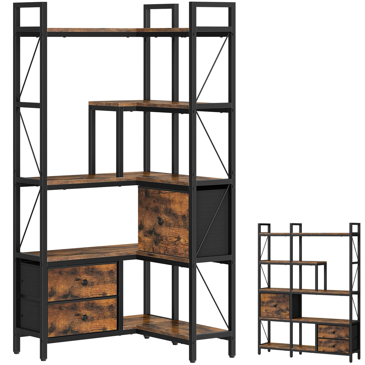 CHOEZON Corner Bookshelf, 5Tier LShaped Bookcase with Drawers and Storage Basket, Industrial Corner Shelf, Tall Display Shelf 
