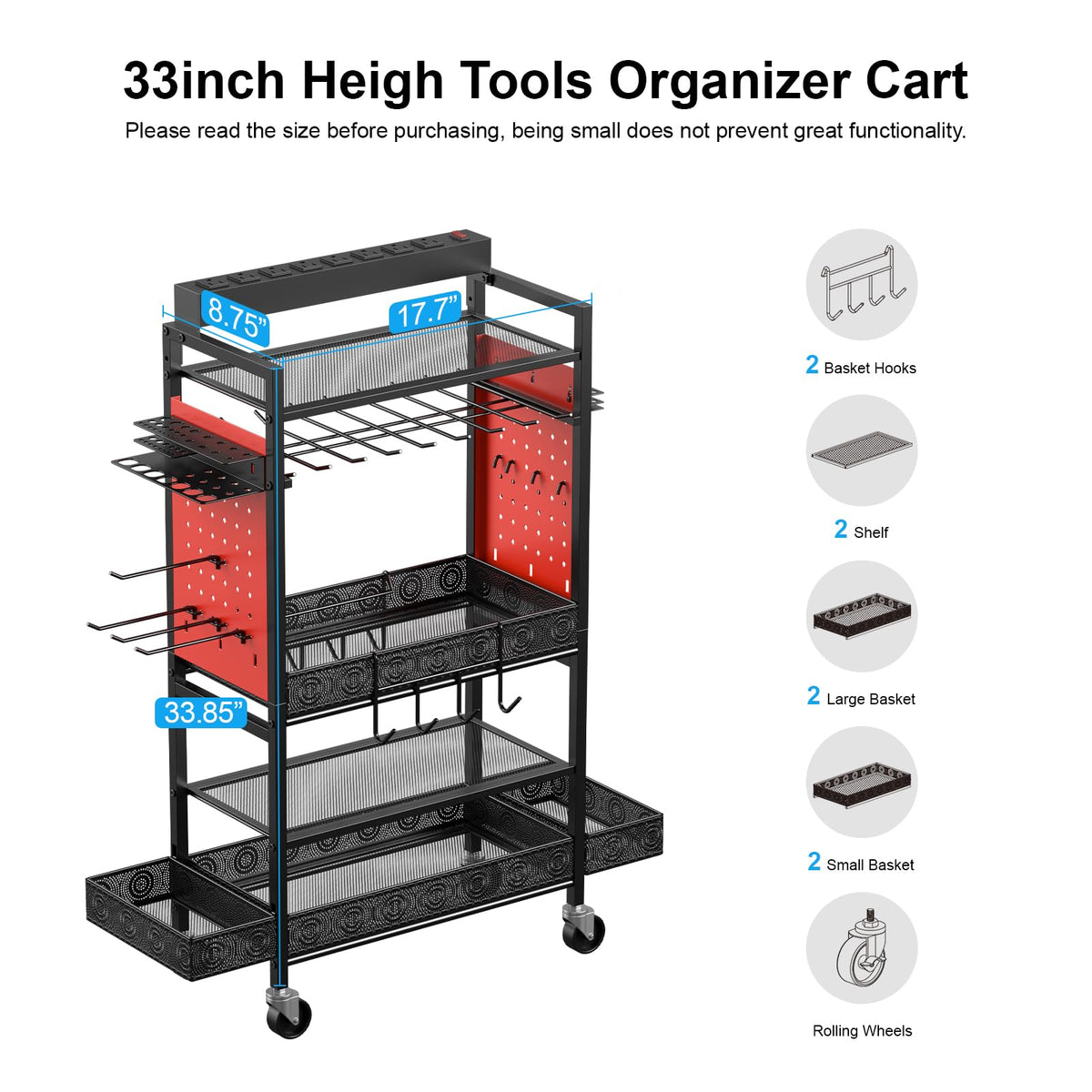 Cccei Garage Power Tools Organizer Cart With Charging Station, Red Floor Standing Rolling Drill And Tools Battery Storage Cart On Wheels. Utility Rack Gift For Men, Husband, Father.