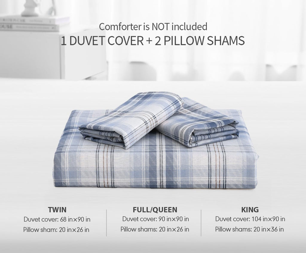 Sleepbella Blue White Plaid Duvet Cover Set, 100% Cotton Bedding, Buffalo Grid Geometric Checker Pattern, With Button Closure (3