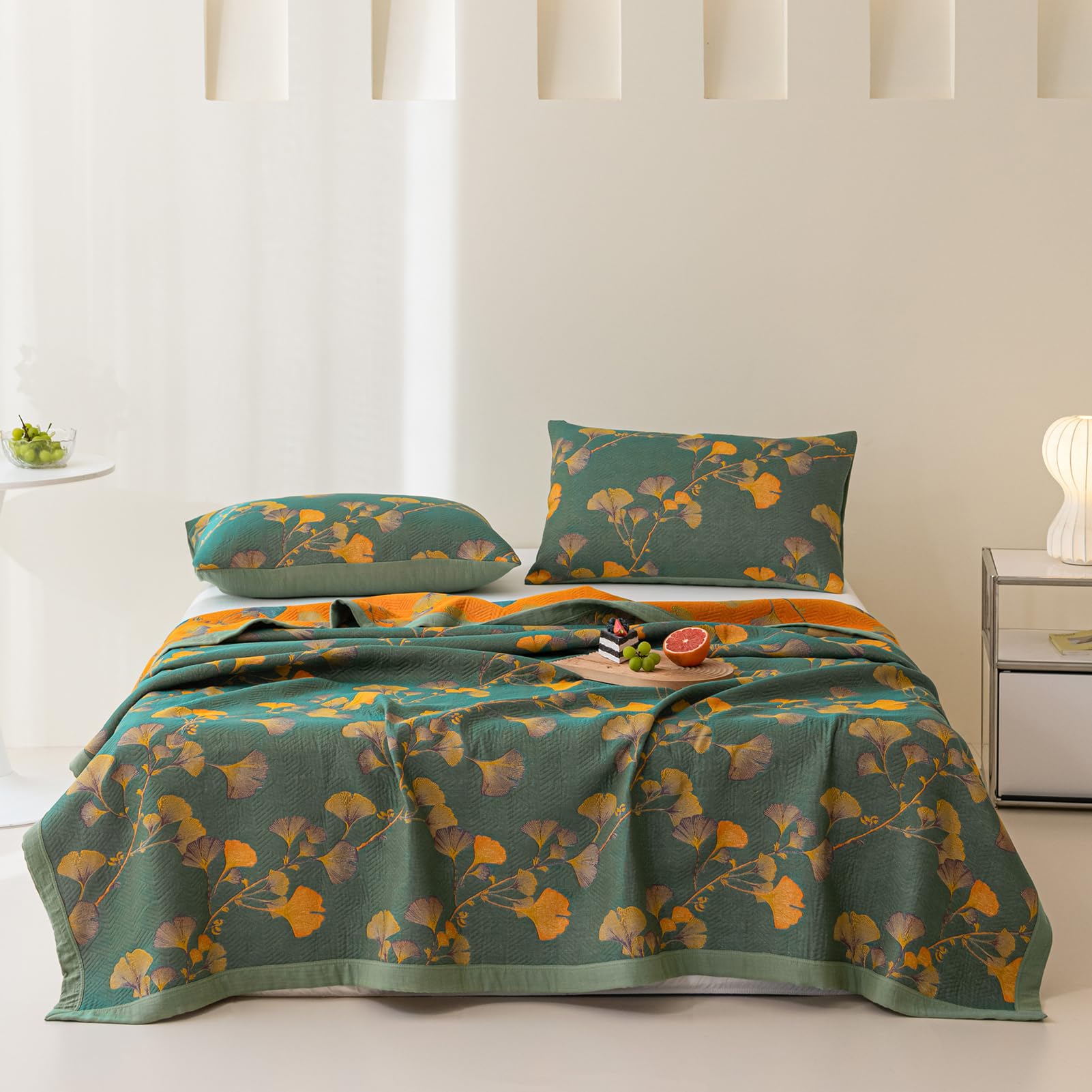 Purefair 100% Cotton Jacquard Quilt Floral Ginkgo Leaves Print,Soft Muslin Bed Cover 3 Layers Reversible Bedspread Coverlet Brea