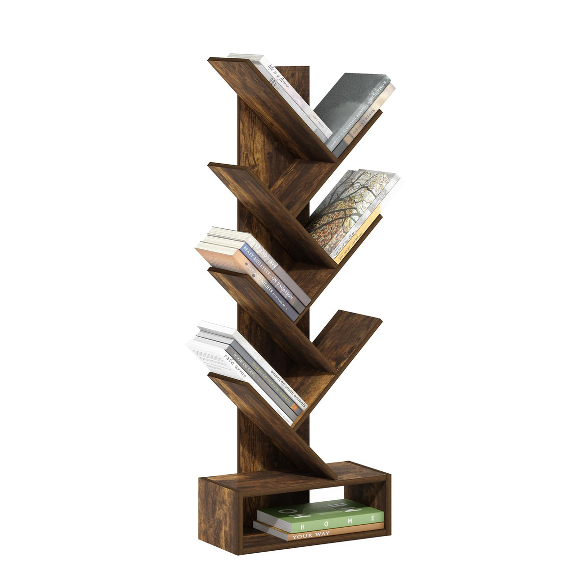 Furinno Tree Bookshelf 7-Tier Floor Standing Tree Bookcase with Bottom Shelf, Amber Pine