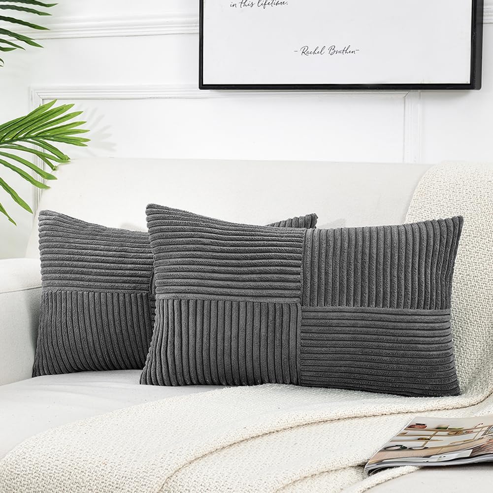 Fancy Homi 2 Packs Dark Gray Lumbar Decorative Throw Pillow Covers 12X20 Inch For Living Room Couch Bed Sofa, Farmhouse Home Dec