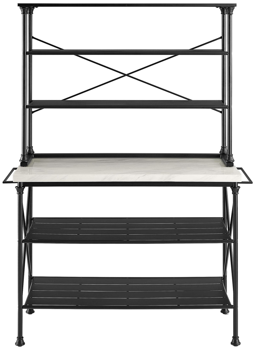 Crosley Furniture Madeleine Kitchen Island And Hutch With Shelves For Storage, Microwave Stand, Coffee Bar, Steel With Faux Marble Top