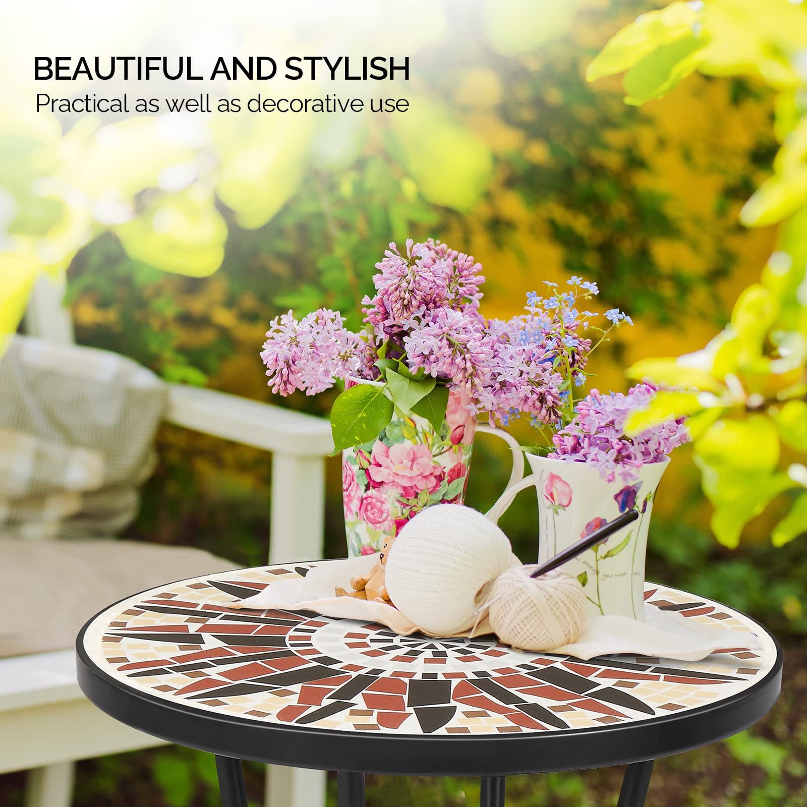 Vingli Mosaic Outdoor Side Table, 14' Round End Table, Accent Table, Ceramic Tile Top Black Iron,Brown Flower