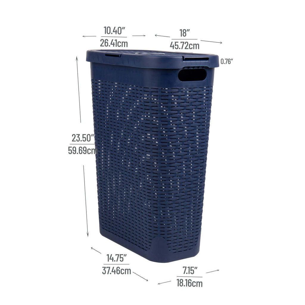 Mind Reader 40L Slim Laundry Hamper, Clothes Basket, Lid, Wicker Design, Plastic, 18''L X 10.4''W X 23.5''H, Navy