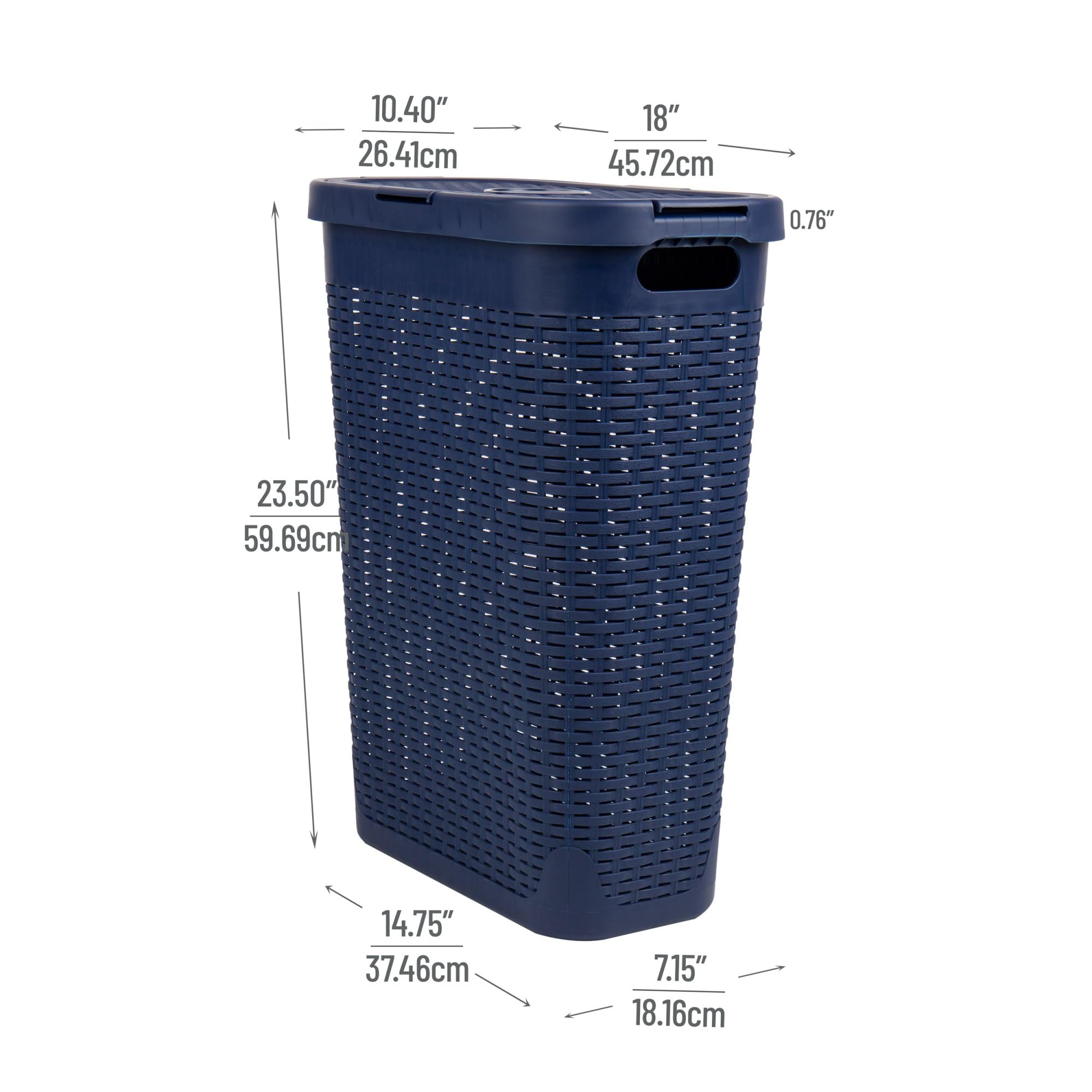 Mind Reader 40L Slim Laundry Hamper, Clothes Basket, Lid, Wicker Design, Plastic, 18''L X 10.4''W X 23.5''H, Navy
