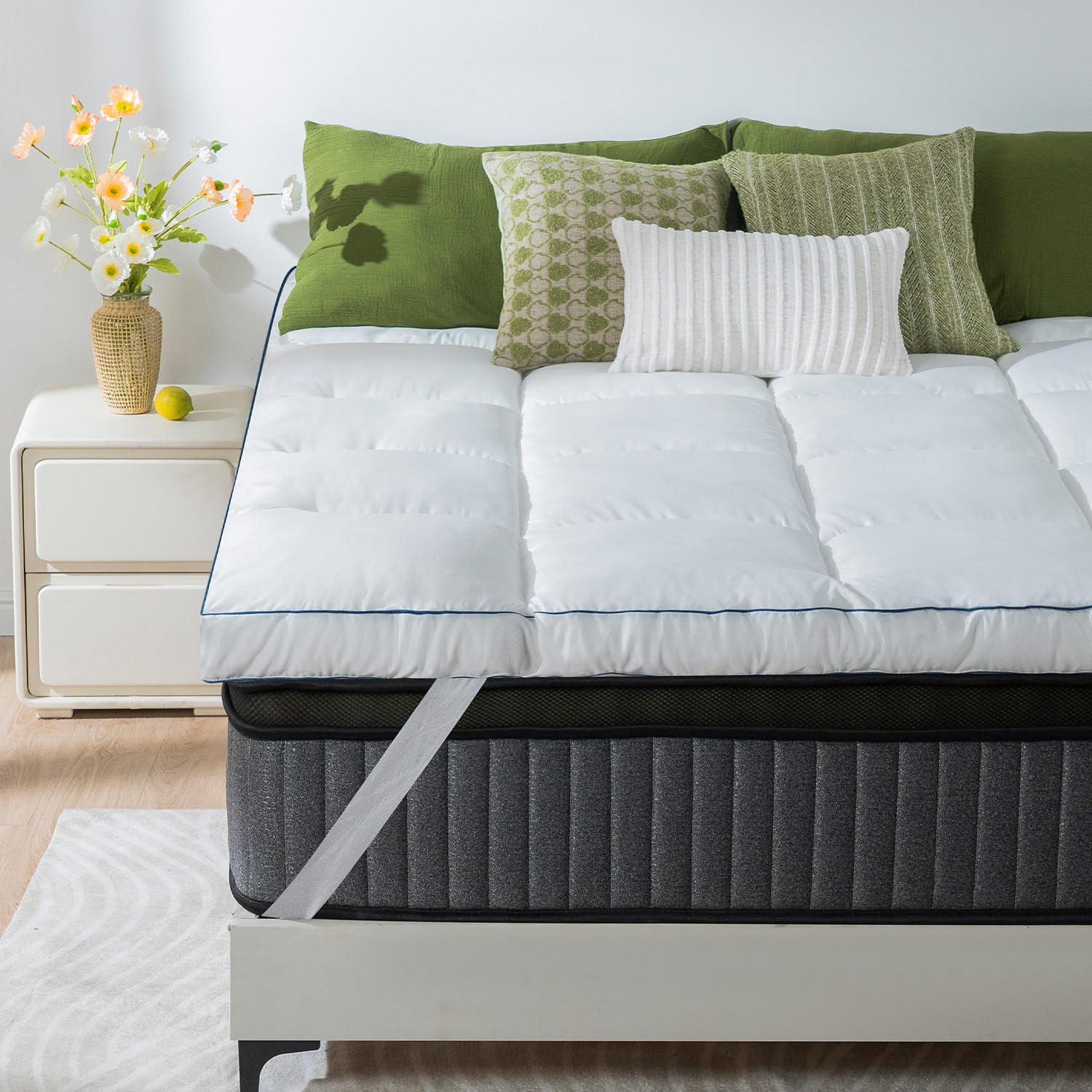 Queen Rose Mattress Topper King Size, Pillow Top Extra Thick Mattress Pad, Soft Baffle Box Overfilled Down Alternative For Back