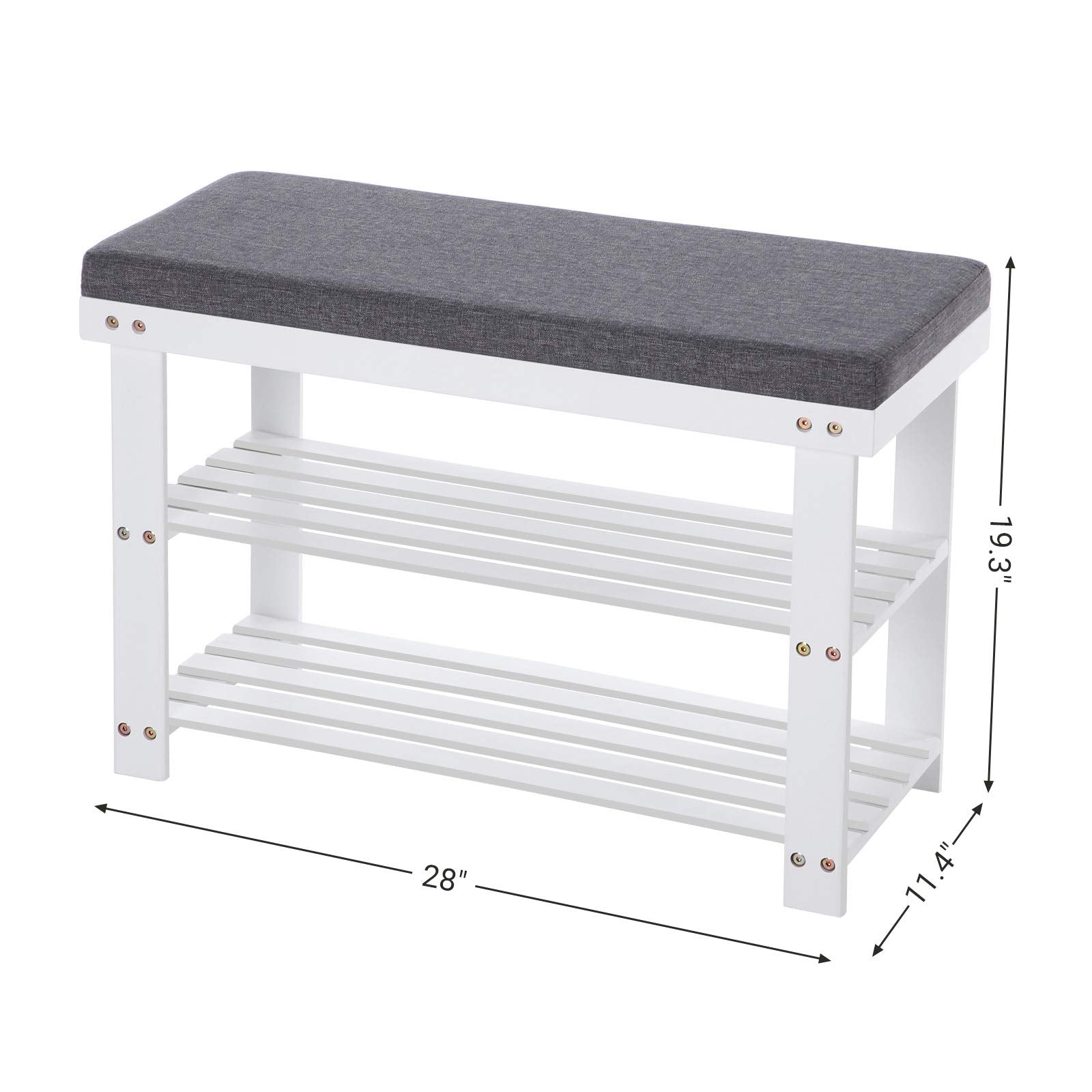SONGMICS Bamboo Shoe Bench, 3-Tier Shoe Rack, 330 lb Capacity, 28" x 19.3", White and Gray