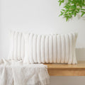 BBiggood Cream White Lumbar Throw Pillow Covers 12x20 Set of 2, Soft Cozy Velvet Striped Decorative Cushion Covers Faux Rabbit F