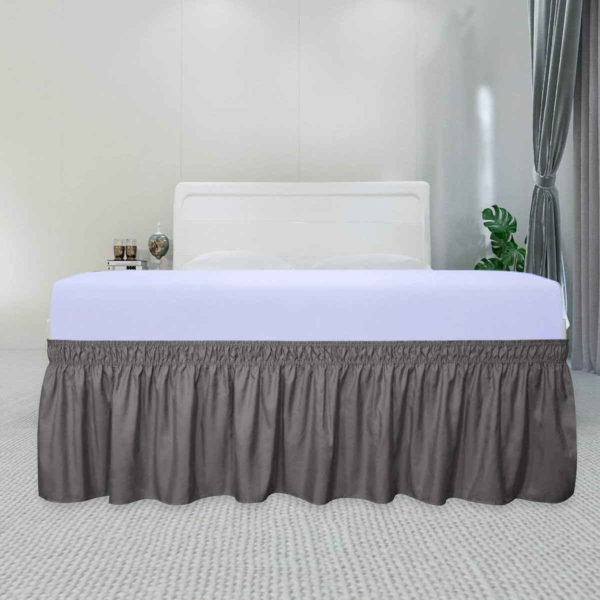 Purefit Wrap Around Ruffled Bed Skirt With Adjustable Elastic Belt - 18 Inch Drop Easy To Put On, Wrinkle Free Bedskirt Dust Ruffles, Bed Frame Cover For Twin,Twin Xl And Full Size Beds, Dark Gray