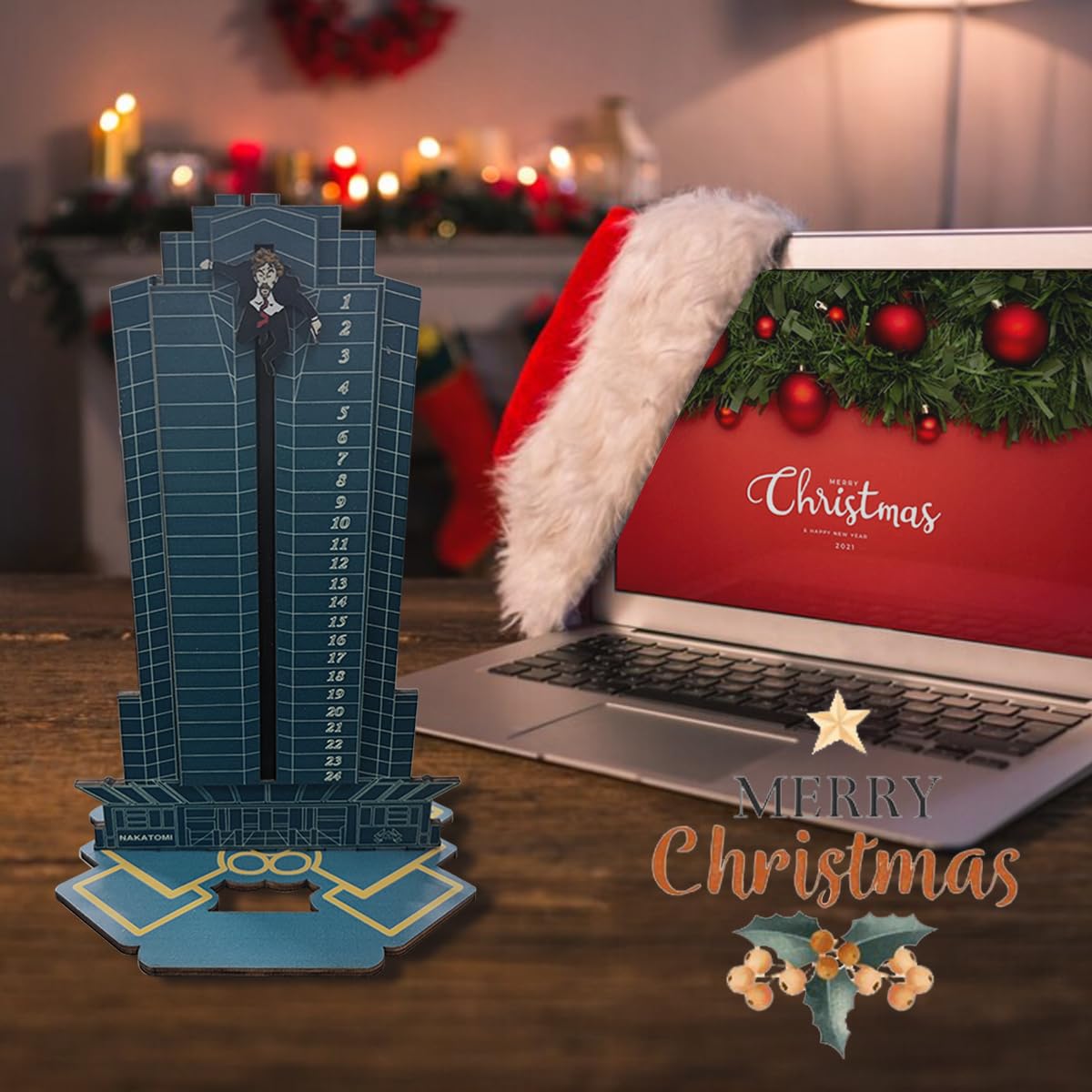 Advent Calendar Die Hard 2024,Halloween Christmas Countdown Calendar, 24 Days Tabletop Wooden Ornament Halloween Christmas Dieha