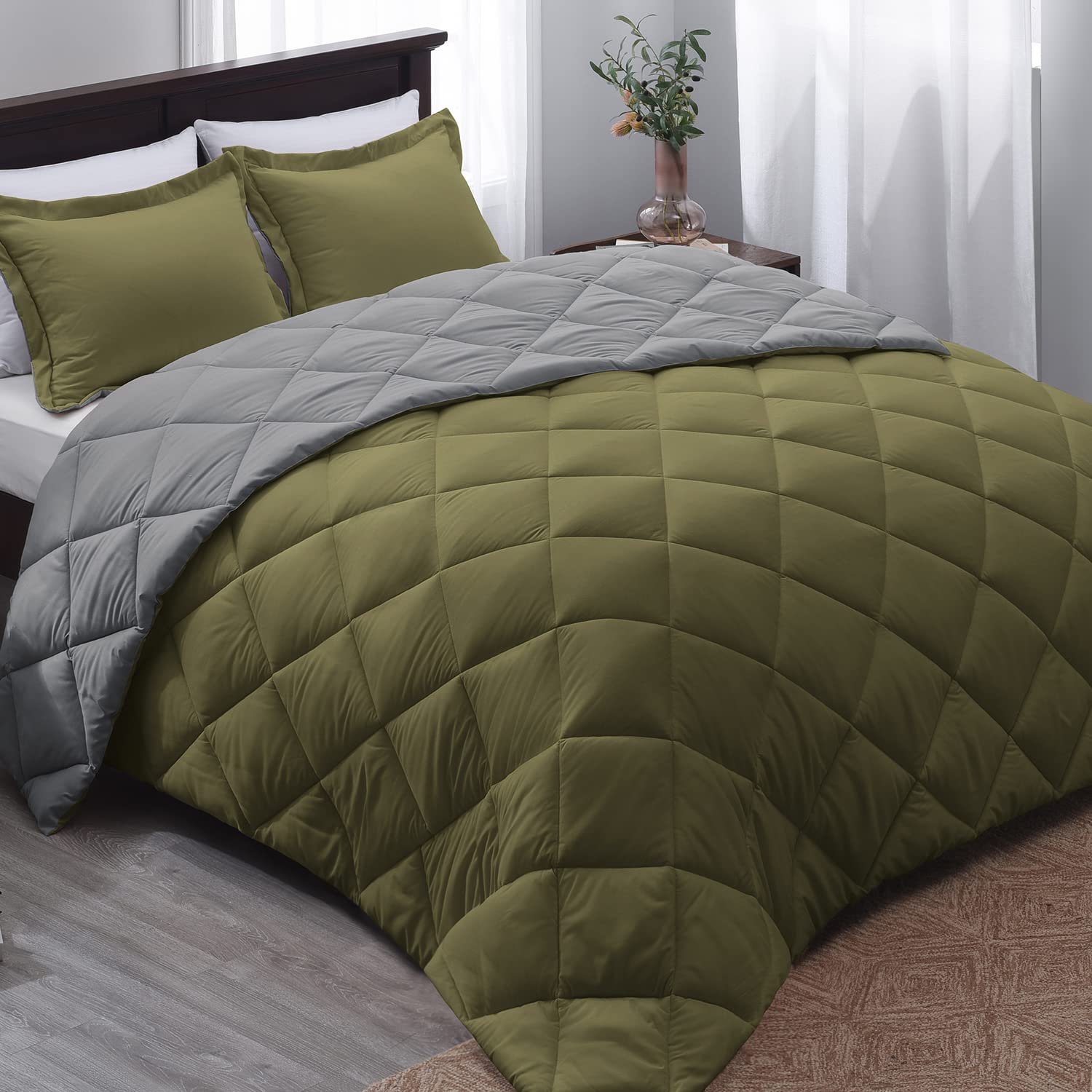 Basic Beyond Twin Comforter Set - Olive Green Comforter Set Twin, Reversible Twin Bed Comforter Set For All Seasons, Olive Green/Charcoal Gray, 1 Comforter (66'X92') And 1 Pillow Sham (20'X26'+2')