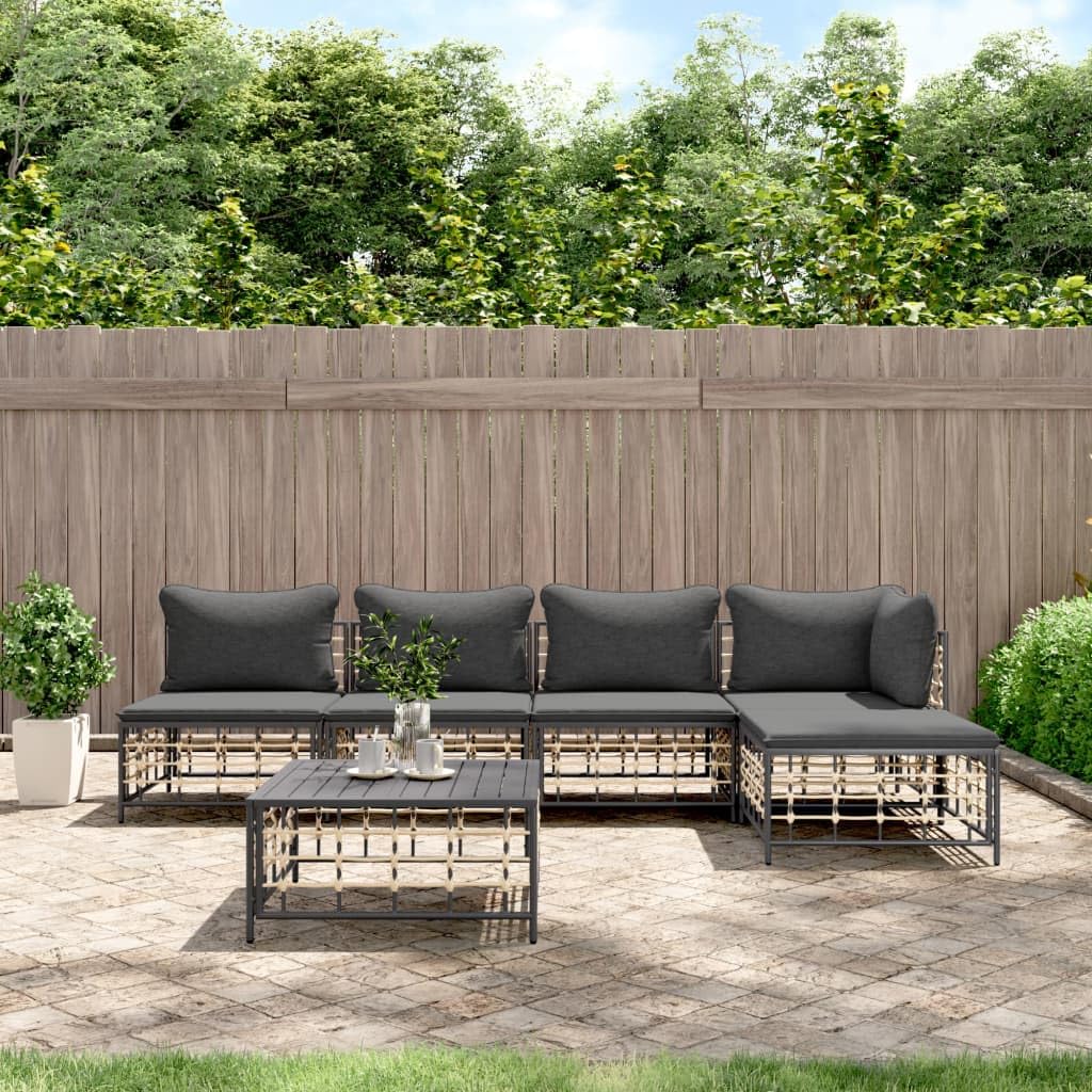vidaXL 6-Piece Patio Lounge Set with Cushions - Poly Rattan Anthracite with Dark Grey Cushions - Outdoor Sofa with Steel Frame and Table, Ideal for Gardens, Patios and Terraces