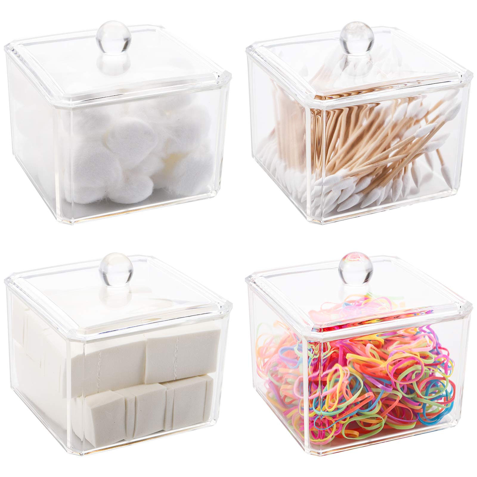 Hedume 4 Pack Qtip Dispenser Holder, 15 Oz Clear Acrylic Canister Set, Modern Square Bathroom Vanity Countertop Storage Organize
