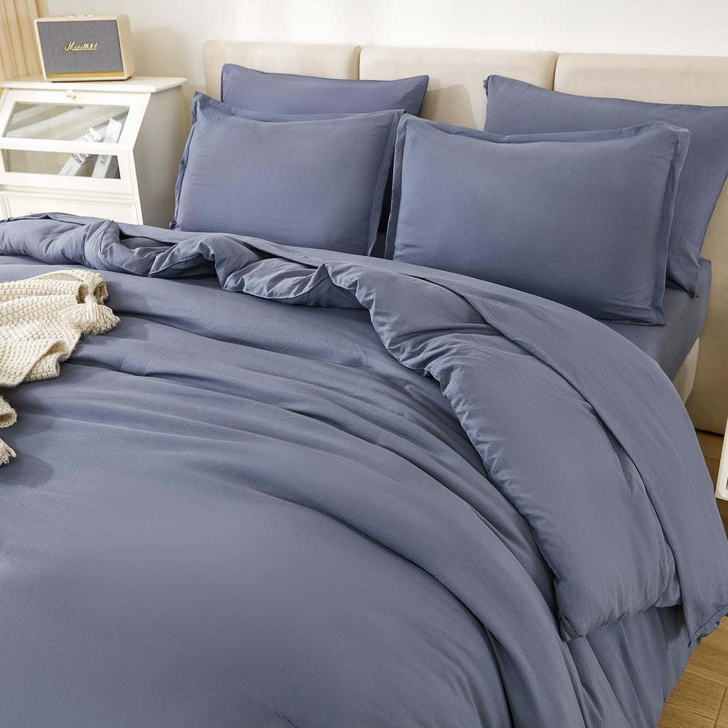 Litanika Queen Comforter Set Bluish Grey - 7 Pieces Bed In A Bag Queen Beddding Comforter Sets, Solid Lightweight Bed Set With C