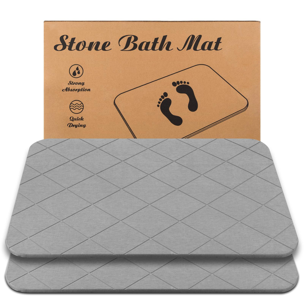 JIZEUO Stone Bath Mat, Diatomaceous Earth Shower Mat, Non-Slip Super Absorbent Quick Drying Bathroom Floor Mat, 2 Pack, Grey, Pa