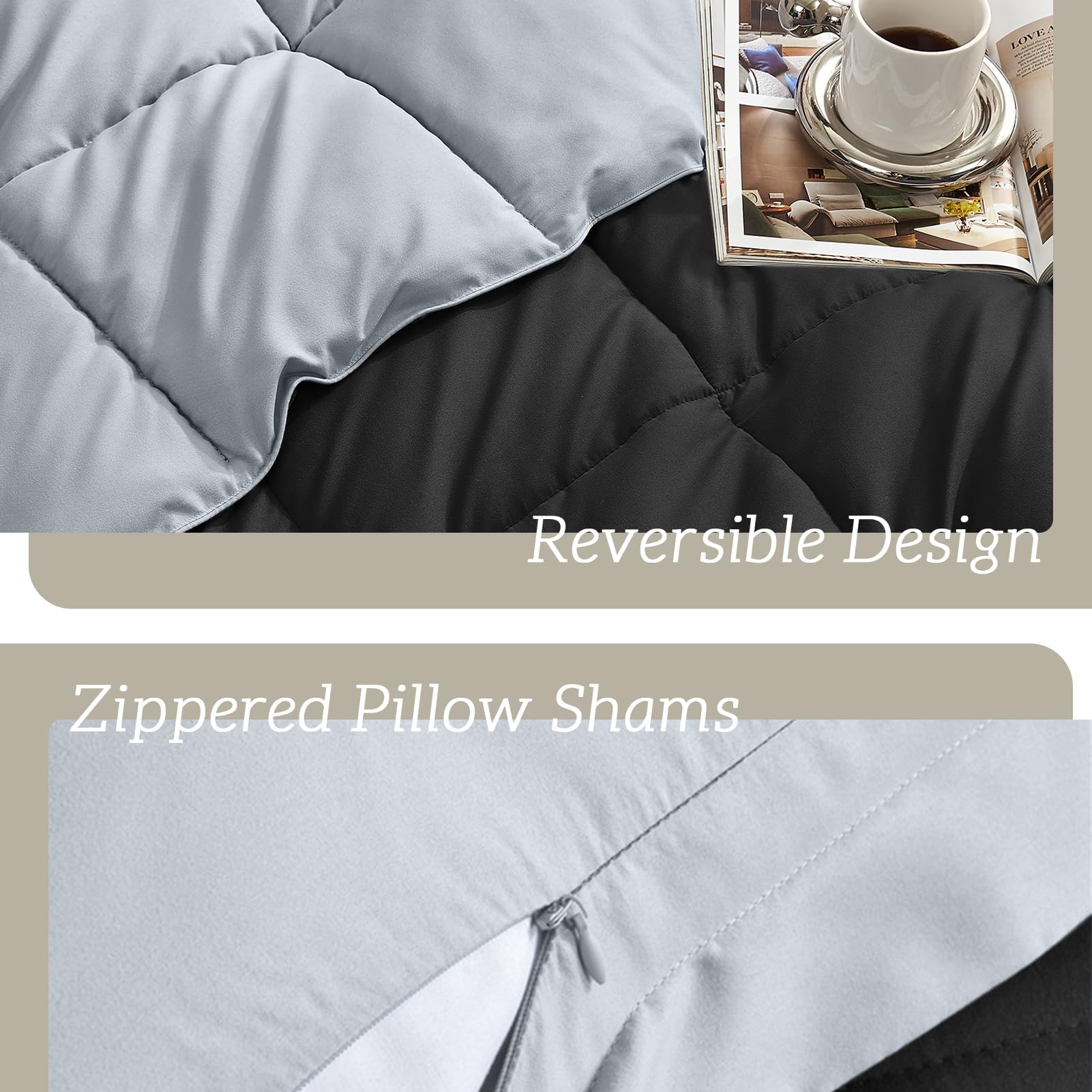 Homelike Moment Oversized Queen Comforter Set Black, Lightweight Reversible Down Alternative Bed Comforter Sets, Soft All Season