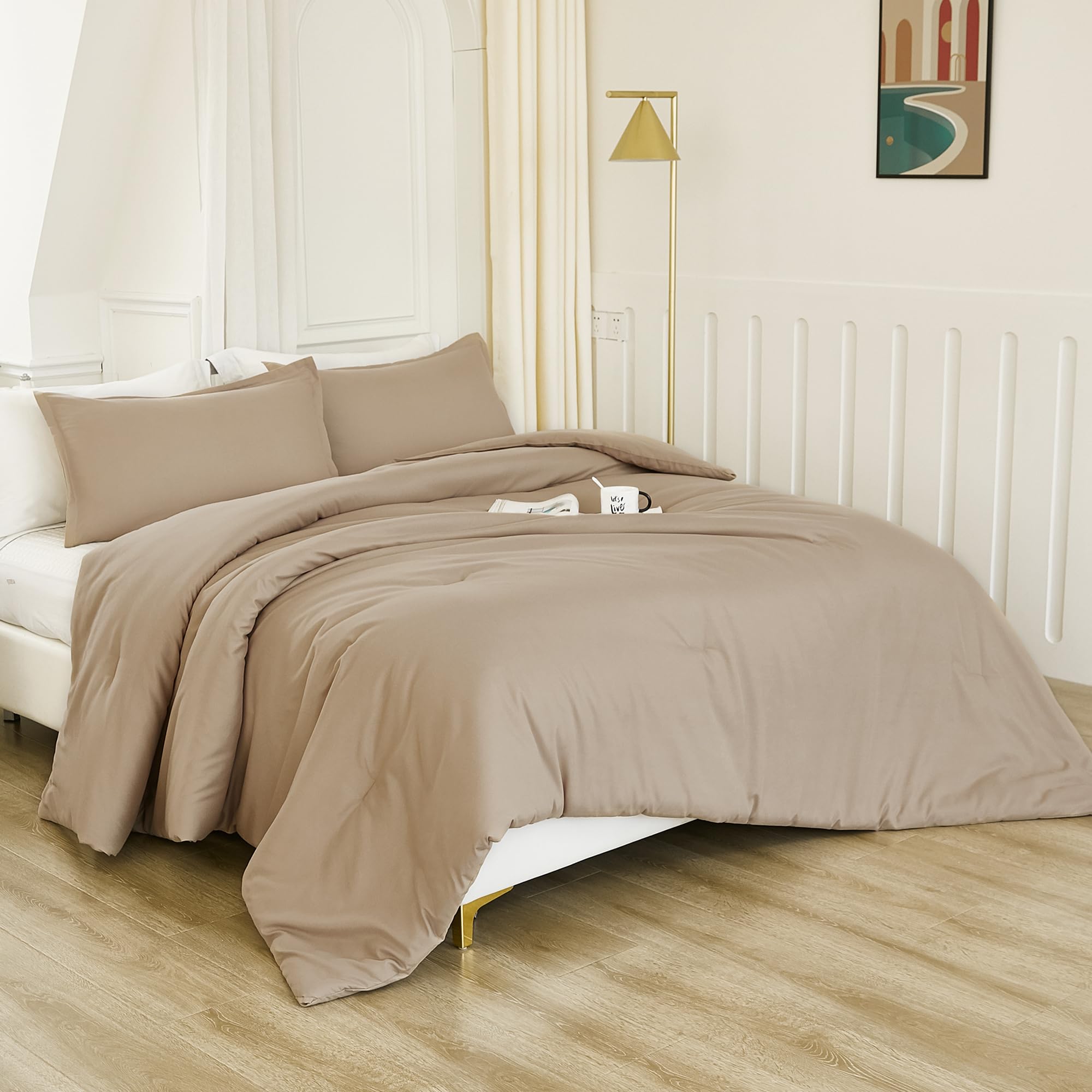Litanika Taupe Comforter Set King Size, 3 Pieces Solid Bedding Comforter Set, All Season Fluffy Bed Set (104X90In Comforter & 2