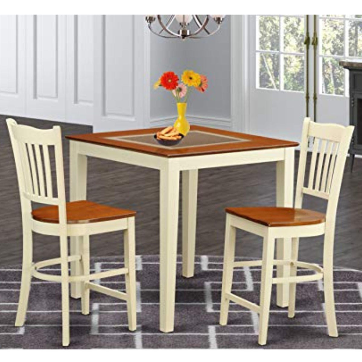 East West Furniture VNGR3-WHI-W 3 Piece Counter Height Dining Set for Small Spaces Contains a Square Kitchen Table and 2 Dining Room Chairs, 36x36 Inch, Buttermilk & Cherry