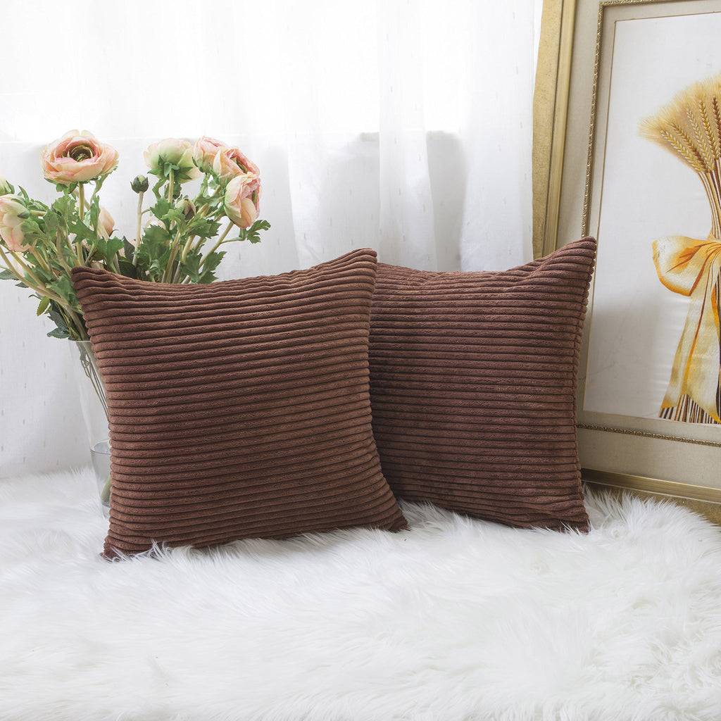 Home Brilliant Throw Pillow Covers 18X18 Set Of 2 Solid Plush Corduroy Striped Square Cushion Covers Bed Decor, 18X18 Inch, Brow