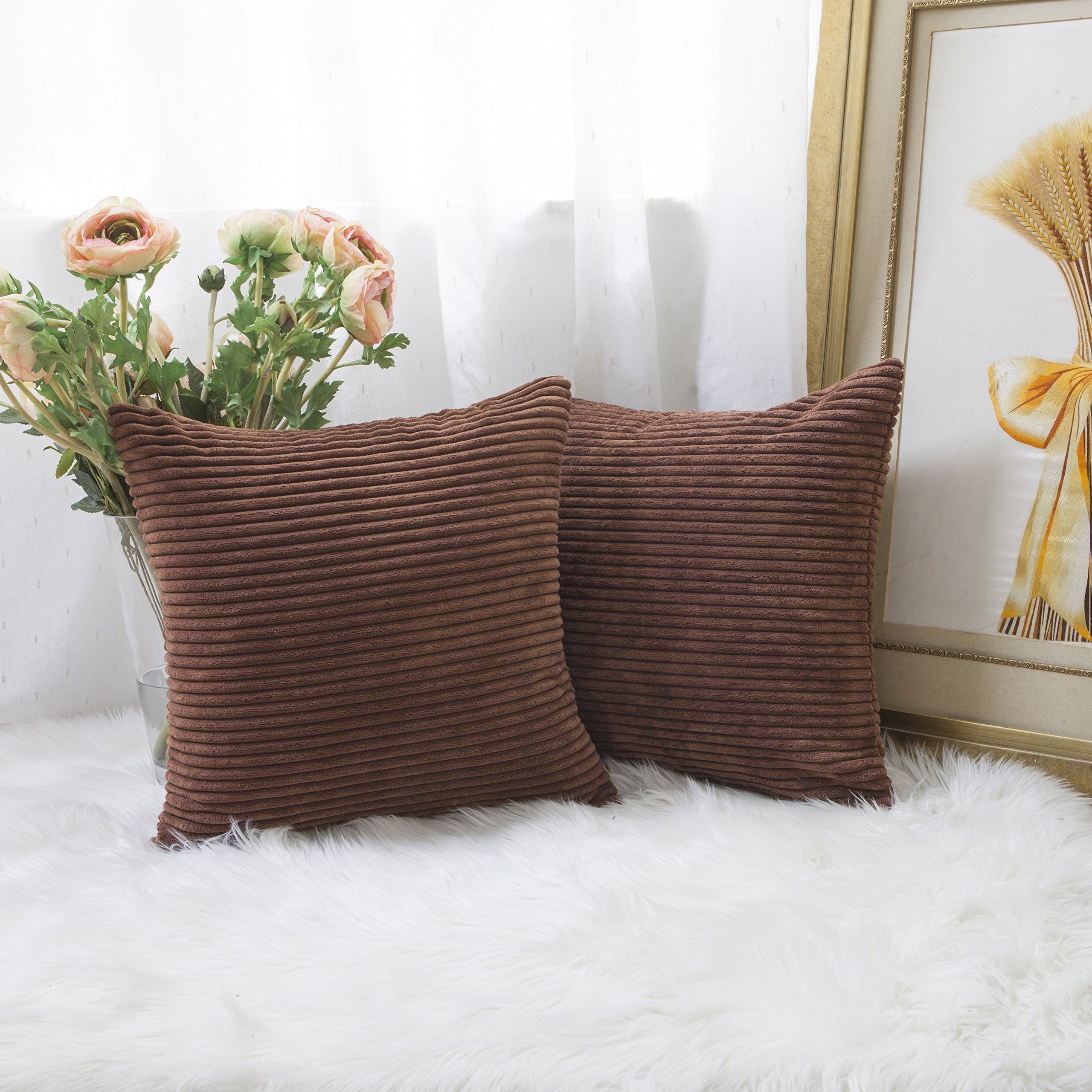 Home Brilliant Throw Pillow Covers 18X18 Set Of 2 Solid Plush Corduroy Striped Square Cushion Covers Bed Decor, 18X18 Inch, Brow
