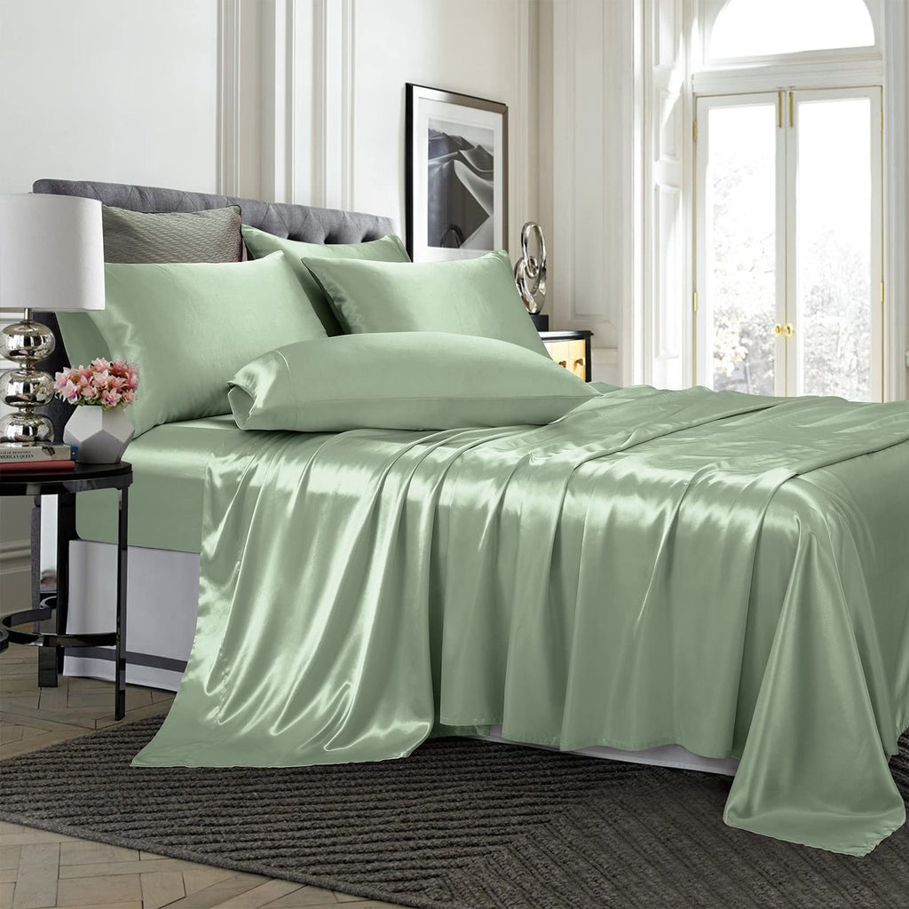 TREELY 6 Piece Satin Sheets Queen Size Silky Smooth Sage Green Satin Sheet Set with Deep Pocket, Satin Fitted Sheet, Flat Sheet,