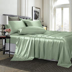 TREELY 6 Piece Satin Sheets Queen Size Silky Smooth Sage Green Satin Sheet Set with Deep Pocket, Satin Fitted Sheet, Flat Sheet,