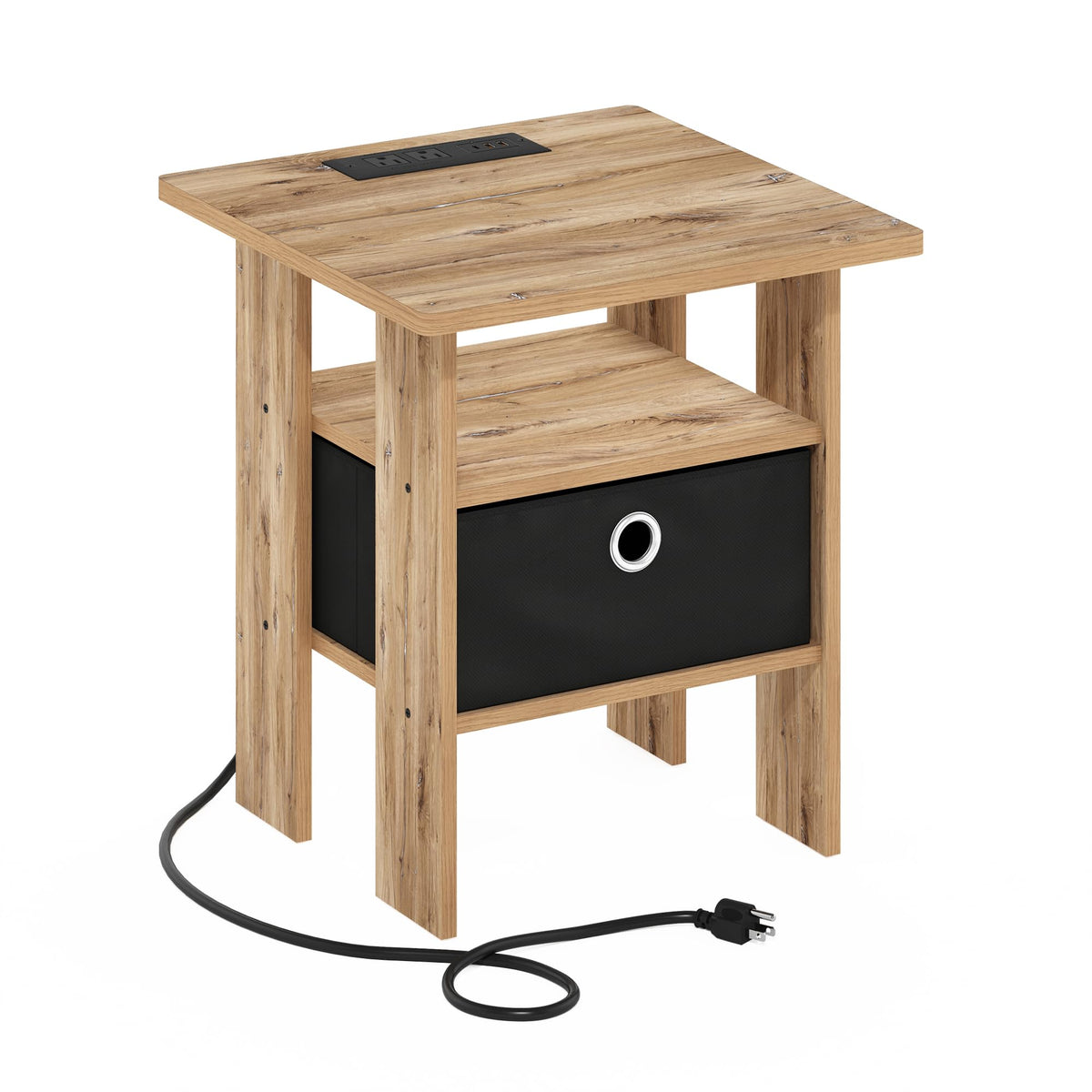Furinno Andrey Usb And Type-C Port Charging Station End Table With Storage Bin, 15.55 (W) X 12.56 (H) X 8.5 (D) Inches, Flagstaff Oak/Black