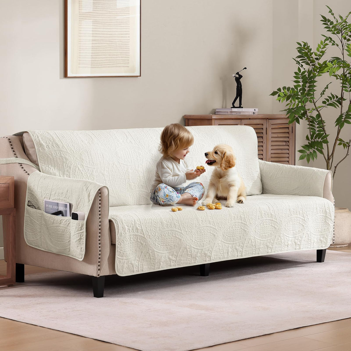 Soft Quilted Couch Cover with Pockets for Extra-Large Sofa, Anti-Slip Sofa Covers Washable for 3 Cushion Pet Friendly Medallion 