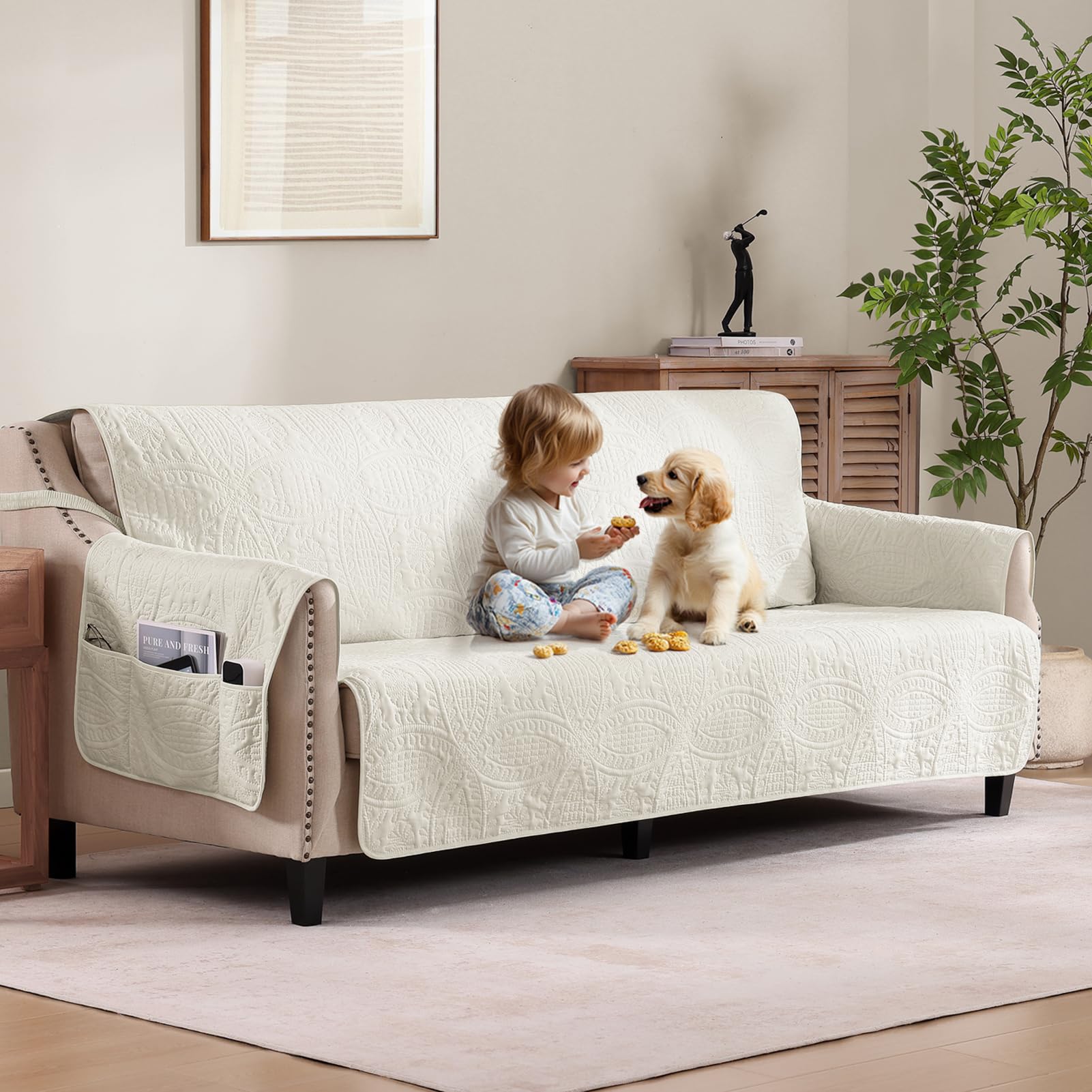 Pamhaven Quilted Sofa Slipcovers with Pockets, Anti-Slip Medallion Designed Couch Covers for 3 Cushion Sofa, Couch Cover for Dog