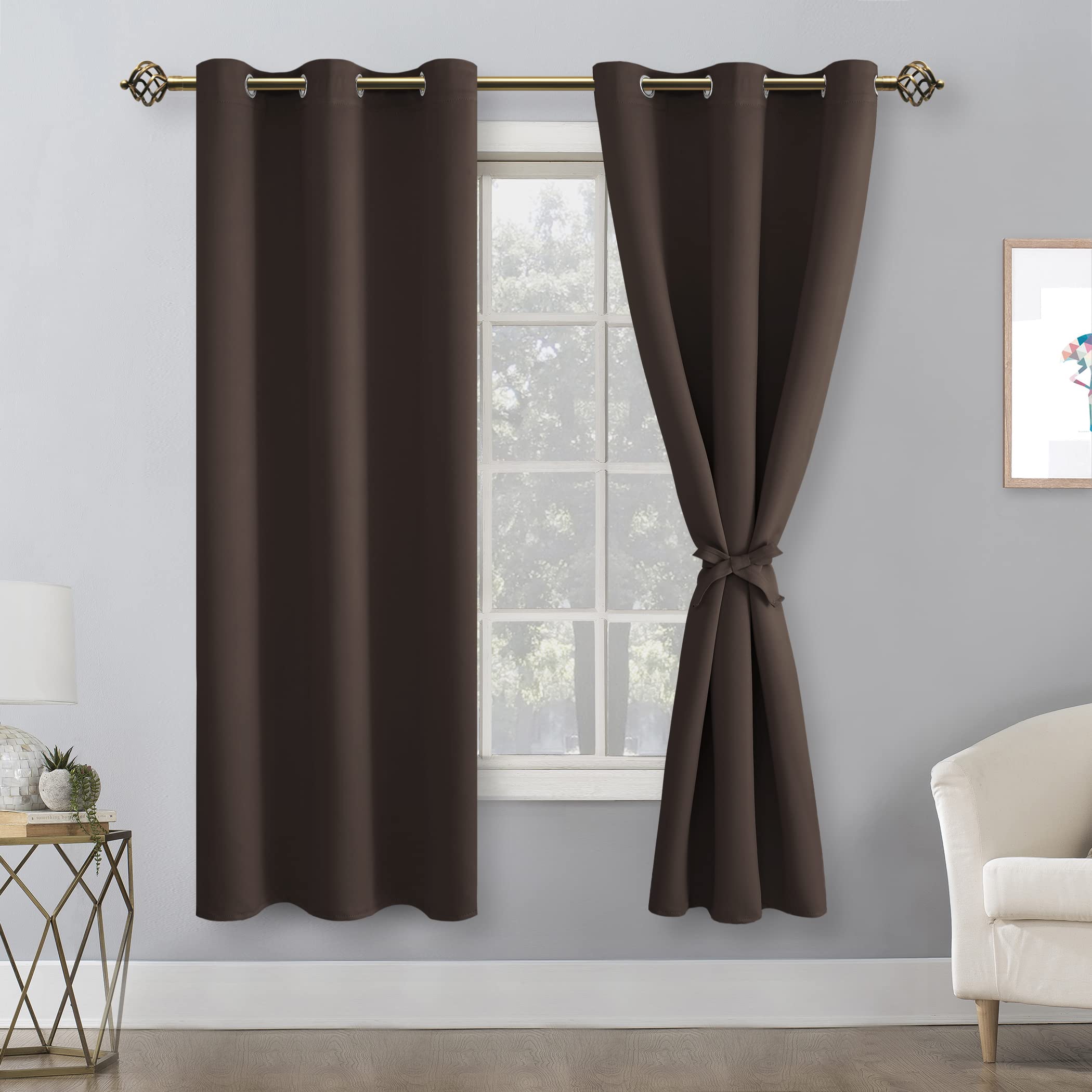 Hiasan Blackout Curtains For Bedroom And Living Room, Thermal Insulated, Noise Reducing Window Curtain Panels, Tiebacks Included, Set Of 2, Grommet Top (Brown, Width 42 Inch X Length 72 Inch)