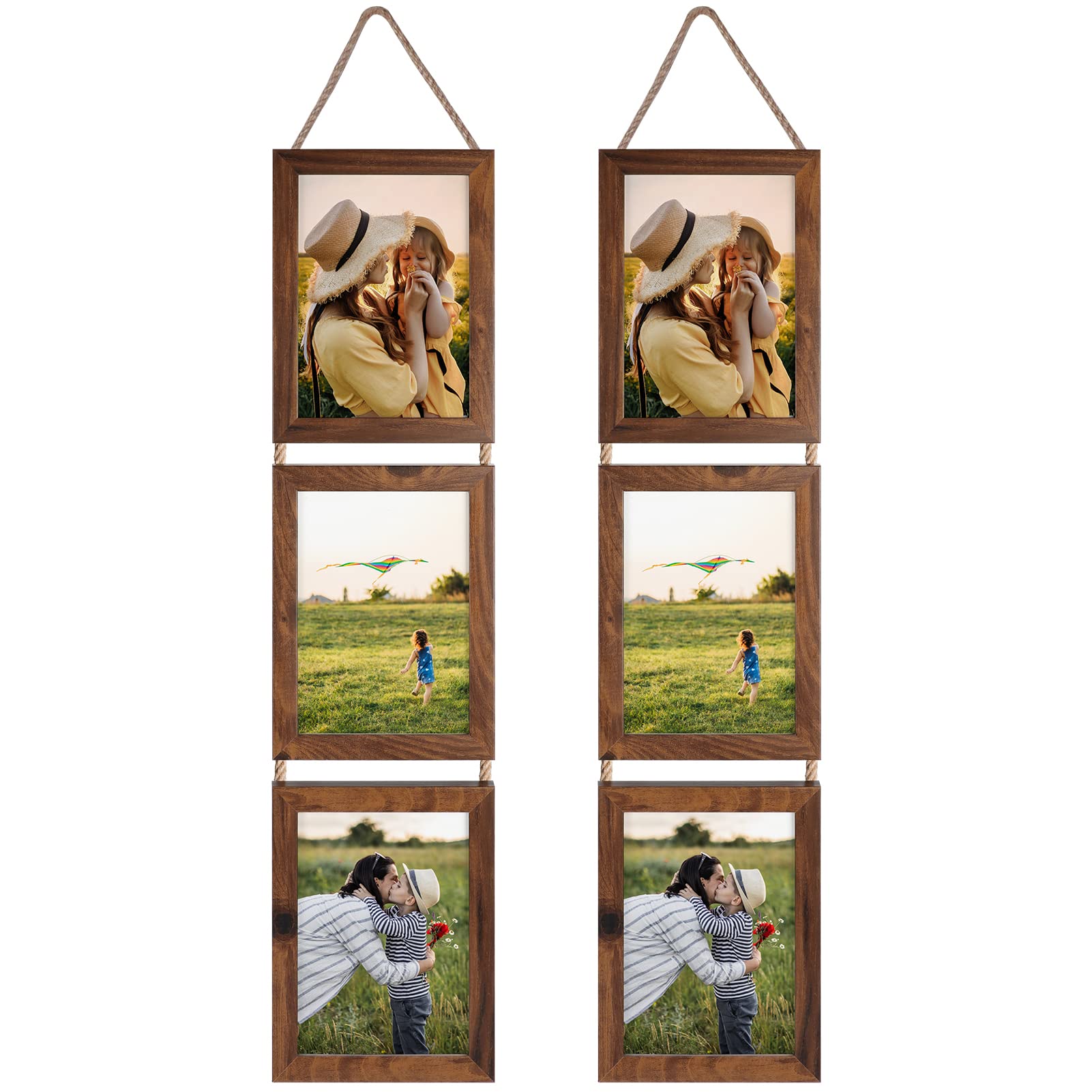 Lavezee 5x7 Collage Triple Picture Frames Set, Walnut Brown 6 Opening Hanging Vertical Frame Made to Display 5 by 7 Inch Photo P