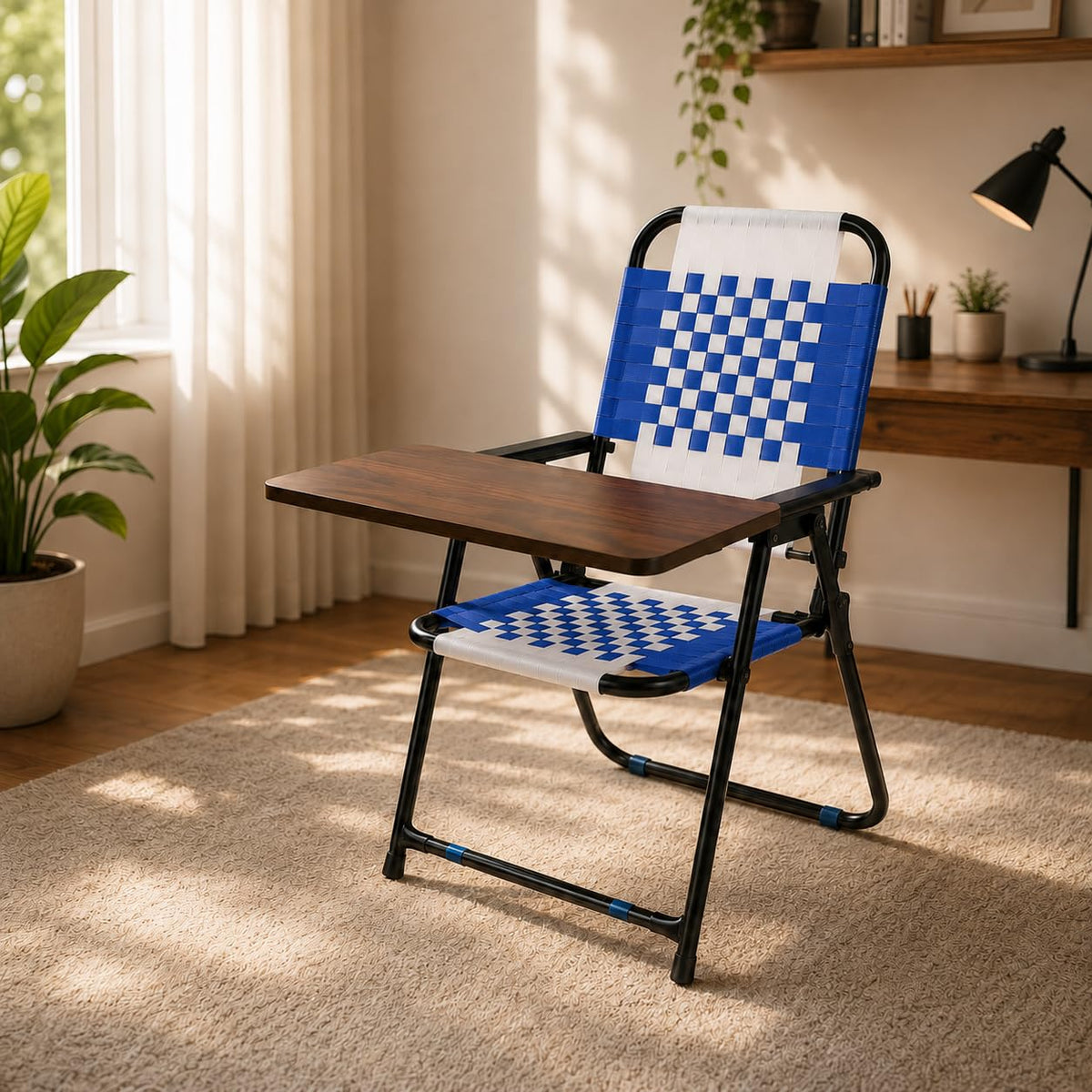 Furnimax Study Chair For Home With Writing Pad, Foldable Study Chair For Students, Niwar Seat And Back, Metal Frame, Folding Stu