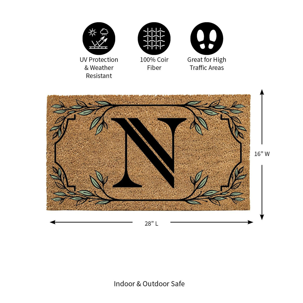 Evergreen Monogram Coir Doormat | Letter N | Front Door Mat For Outdoor Indoor Entrance | 28X16 Inches | Non-Slip Backing Doorwa