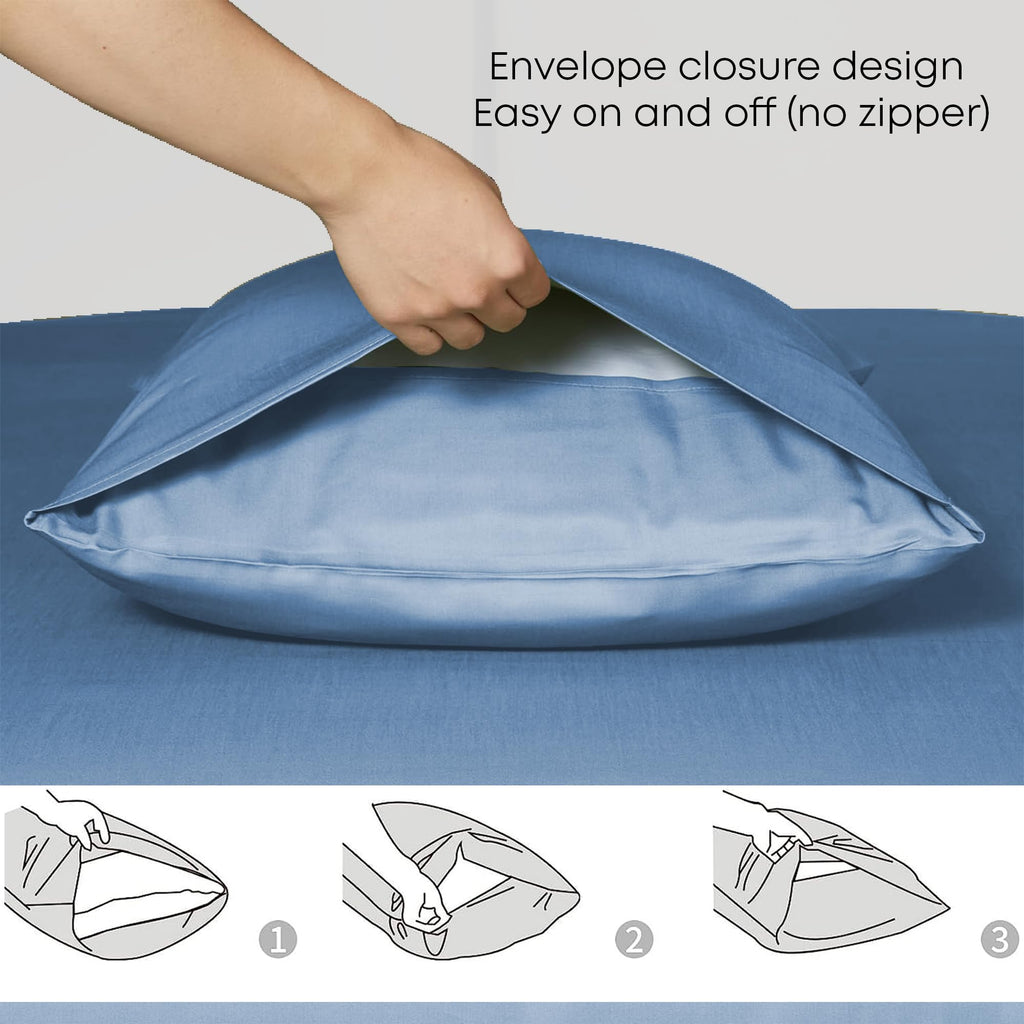 Linenwalas Eucalyptus Silk Tencel Sheets Set Queen Size 4Pc - Blue Bedding Lyocell 16'' Deep Pocket Sheets - Soft Breathable & C