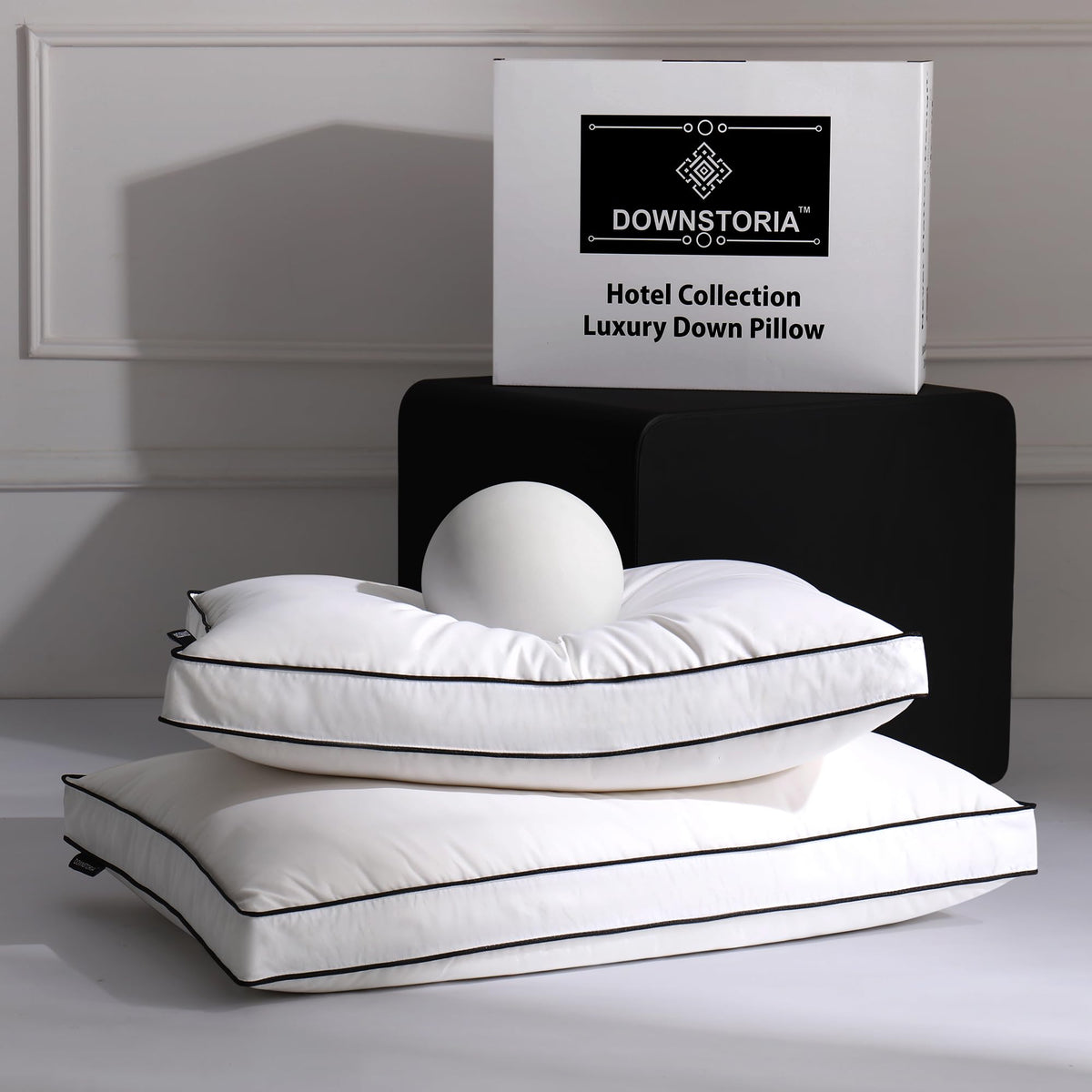DOWNSTORIA Feather Down Pillows Queen Size Set of 2 with Gusset, Luxury Hotel Collection Bed Pillow 2 Pack, Soft Fluffy for Side, Back Sleepers 20x30 in.