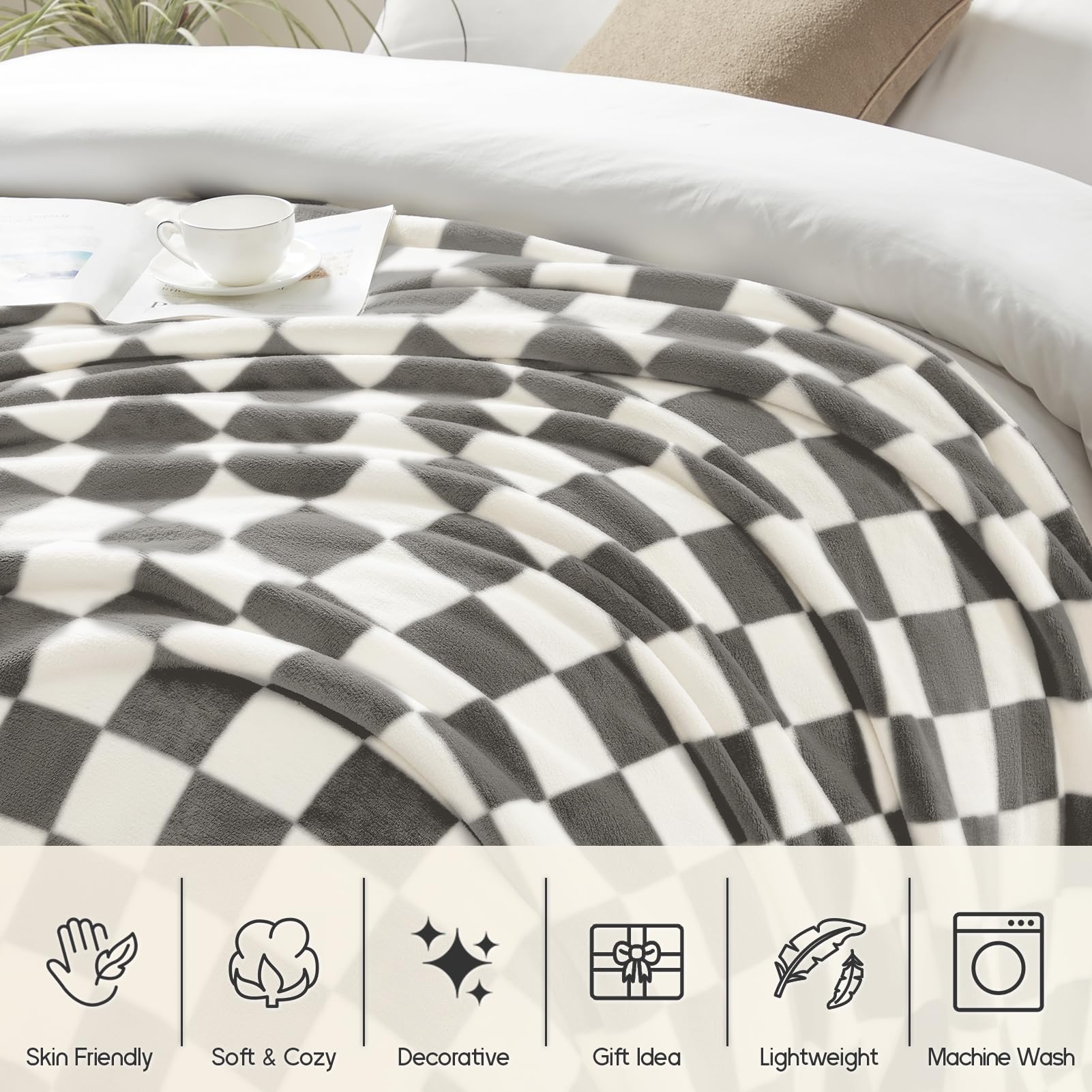 Homelike Moment Checkered Throw Blanket, Grey Checkerboard Grid Soft Fluffy Fleece Blankets Throws, Fuzzy Cozy Plush Flannel Bla