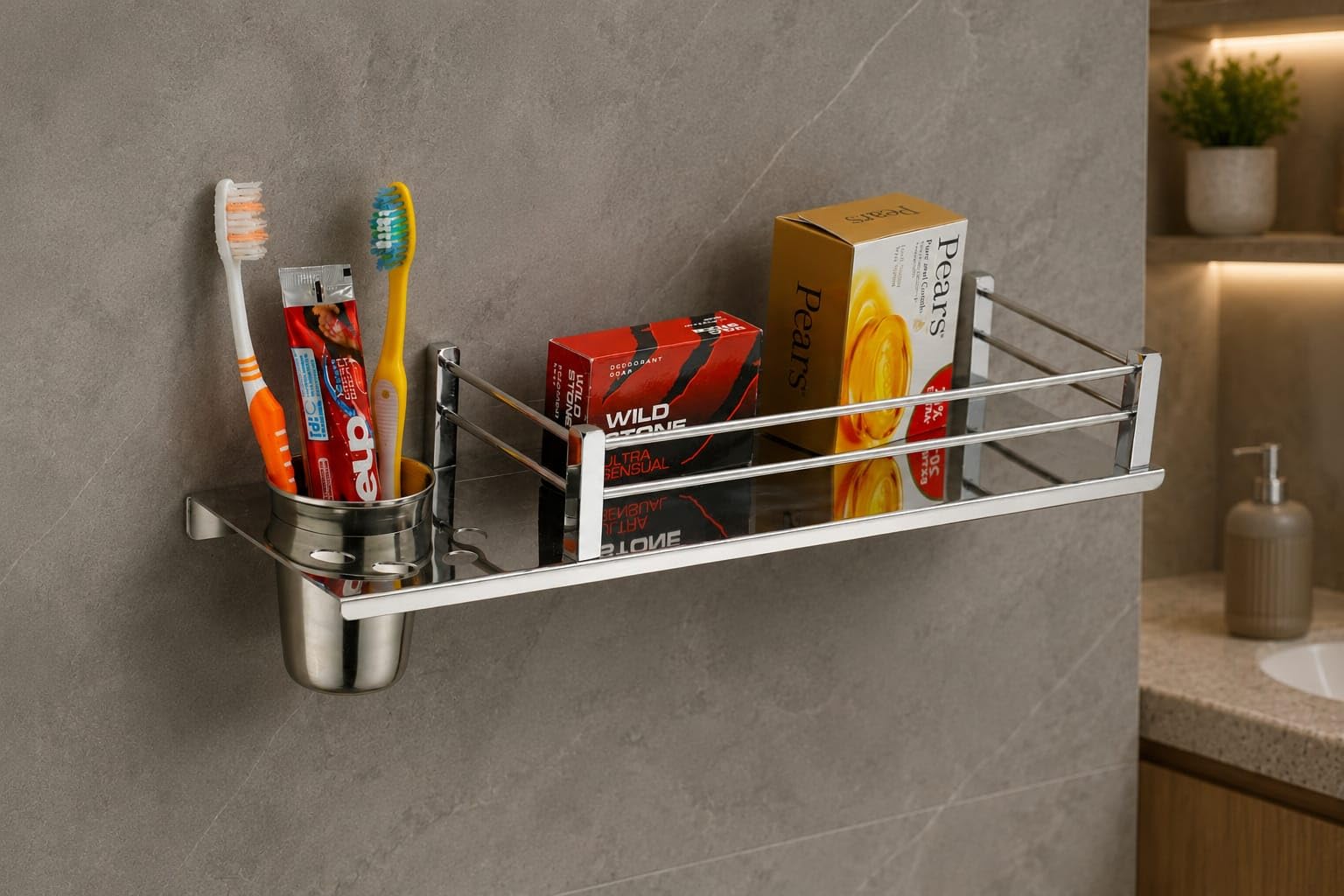 Istar 3In1 Stainless Steel Chrome Finish Multipurpose Shelf Rack With Towel Hanger, Tumbler Holder Bathroom Accessories