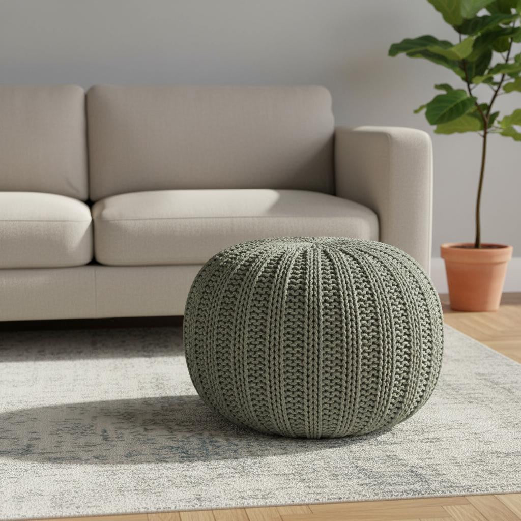 20 Green Cotton Cable Knit Round Pouf Ottoman