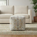 18 Ivory and Light Gray Upholstered Medallion Pouf Ottoman