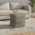 18 Beige and Blue Cotton And Jute Striped Pouf Ottoman